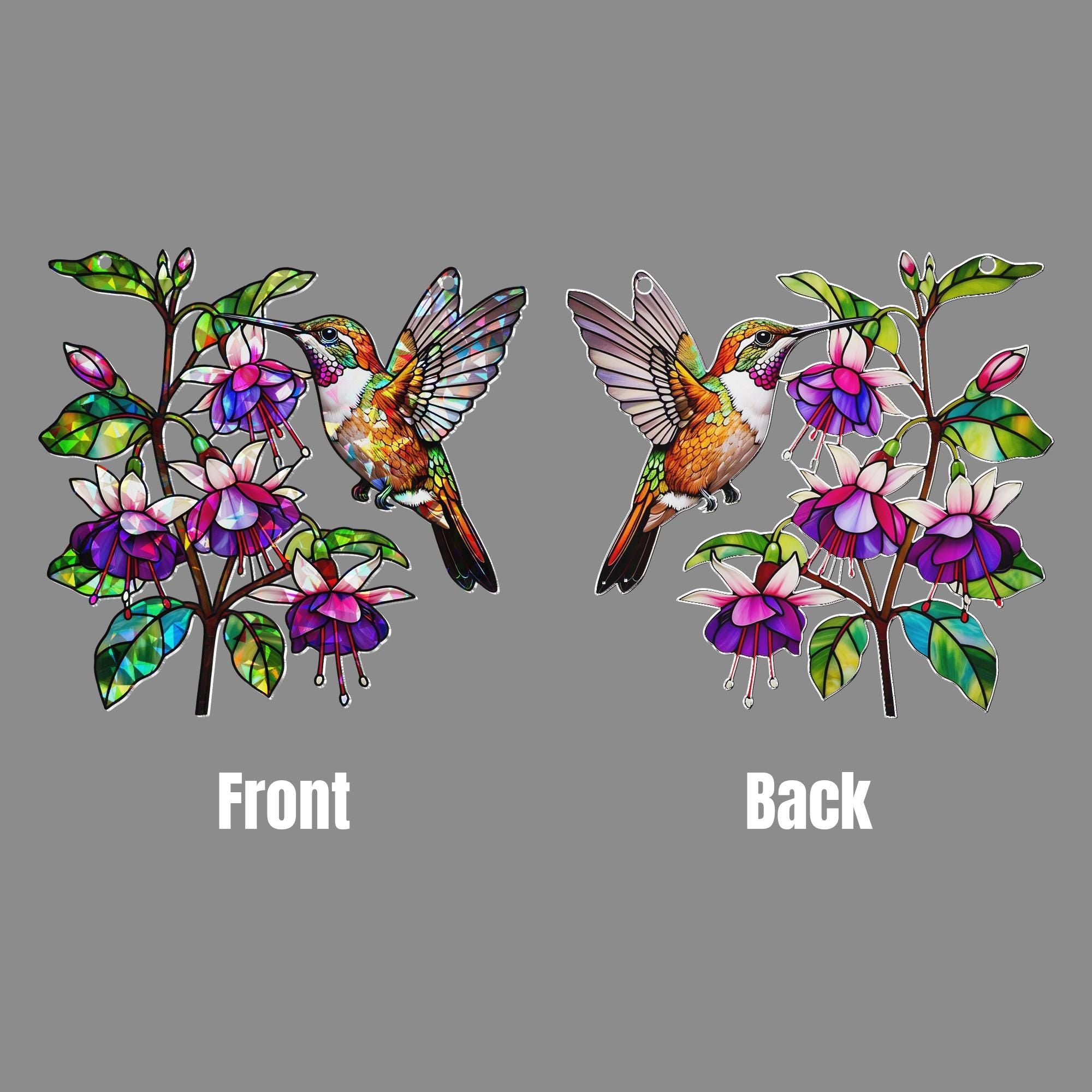 Rufous Hummingbird Fuchsia Window Hanging, Hologram Suncatcher, Garden Bird Decor, Nature Prism Gift