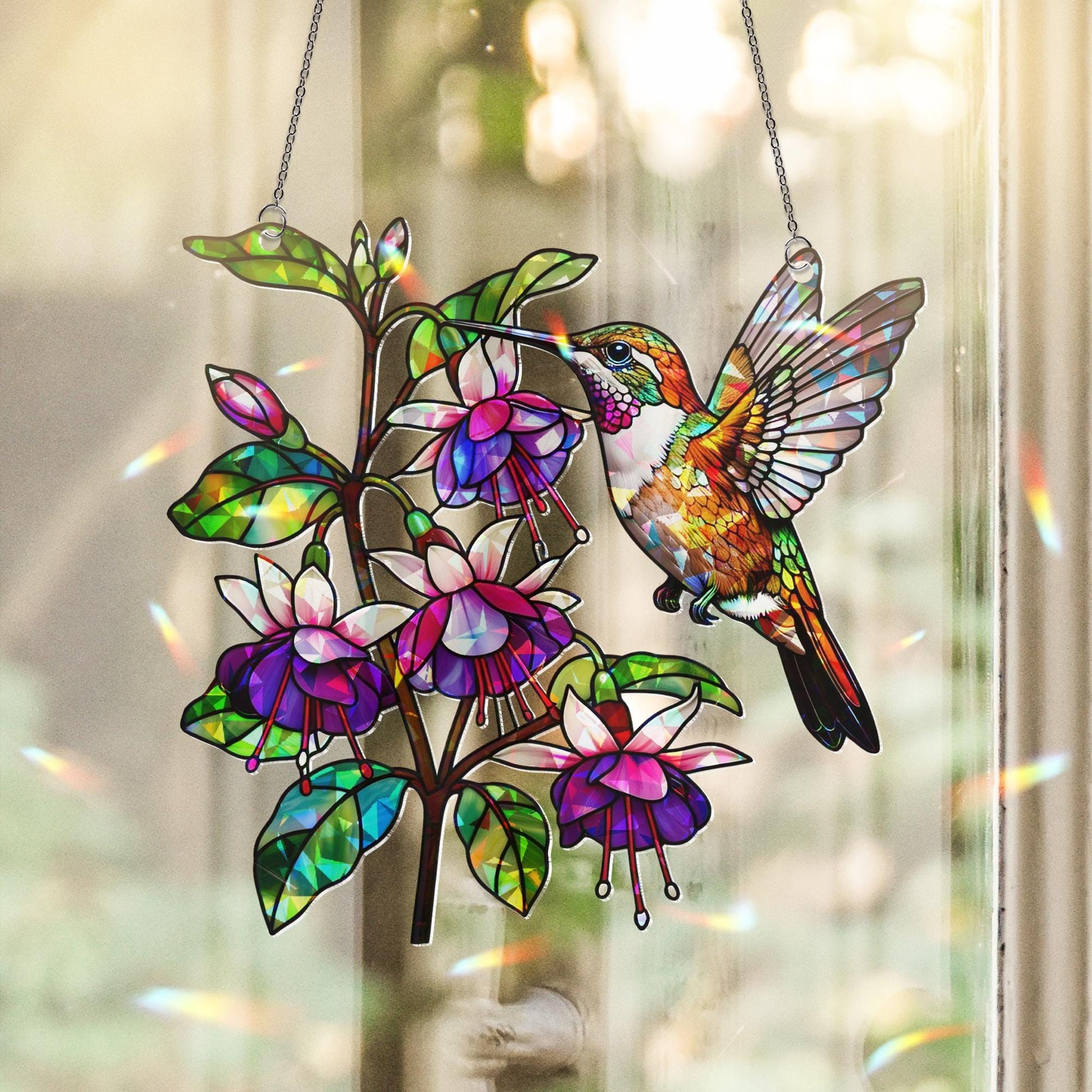 Rufous Hummingbird Fuchsia Window Hanging, Hologram Suncatcher, Garden Bird Decor, Nature Prism Gift