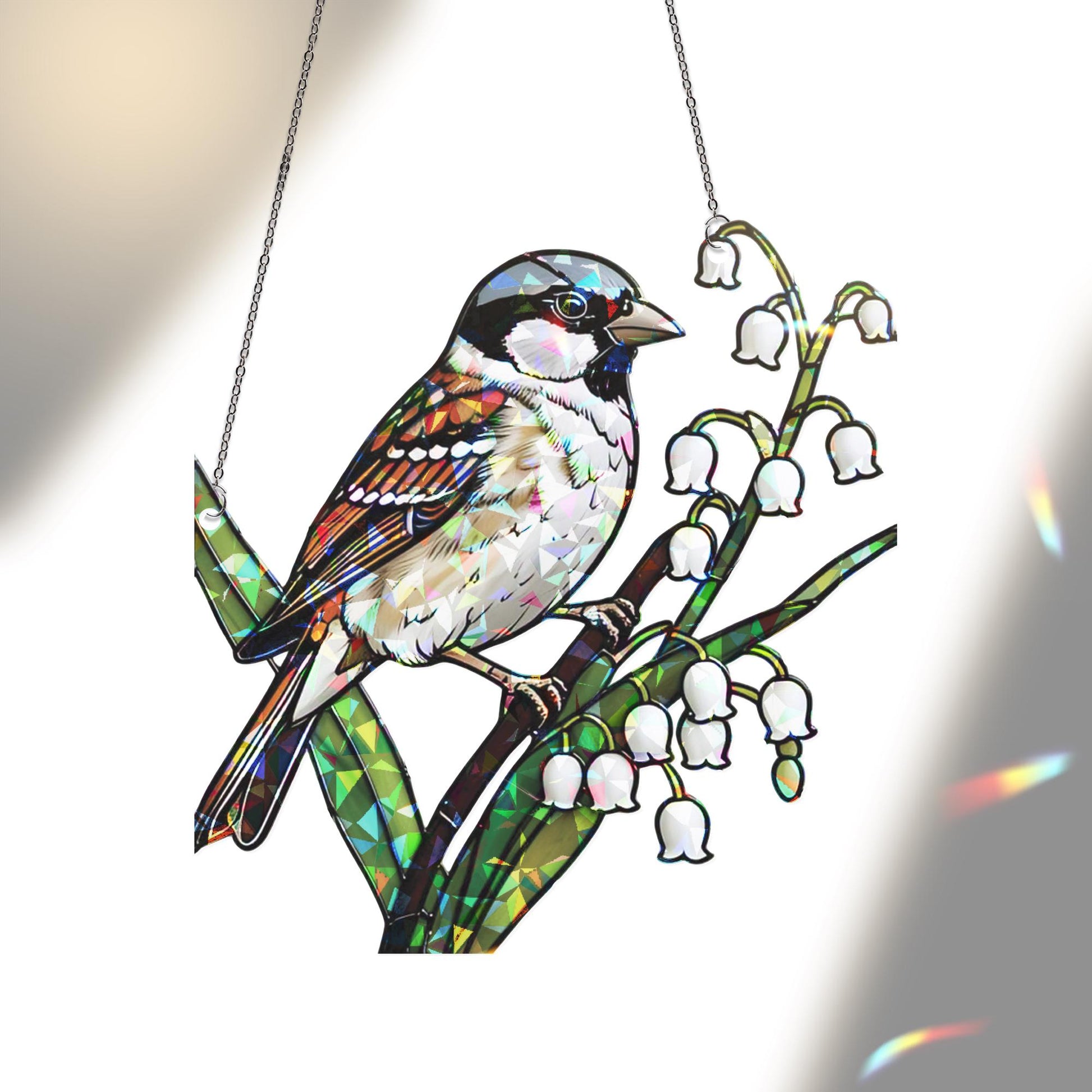 Sparrow and Lily of the Valley Window Hanging, Hologram Bird Suncatcher Window Decor, Nature Prism Decor, Spring Gift Idea