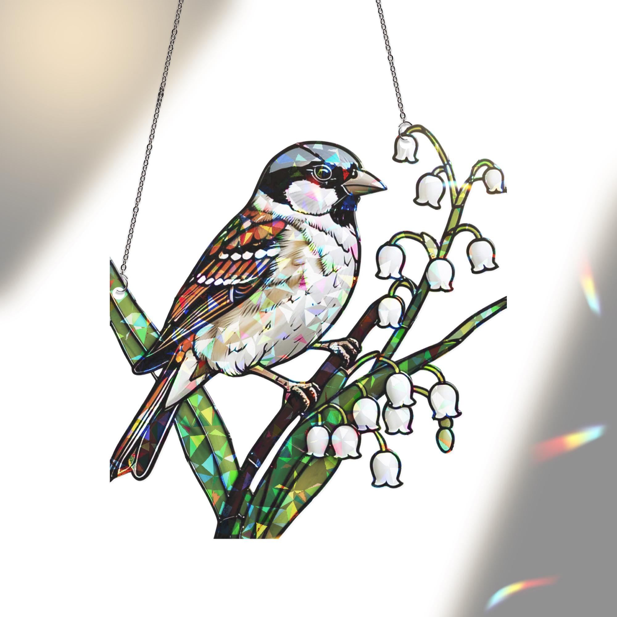 Sparrow and Lily of the Valley Window Hanging, Hologram Bird Suncatcher Window Decor, Nature Prism Decor, Spring Gift Idea
