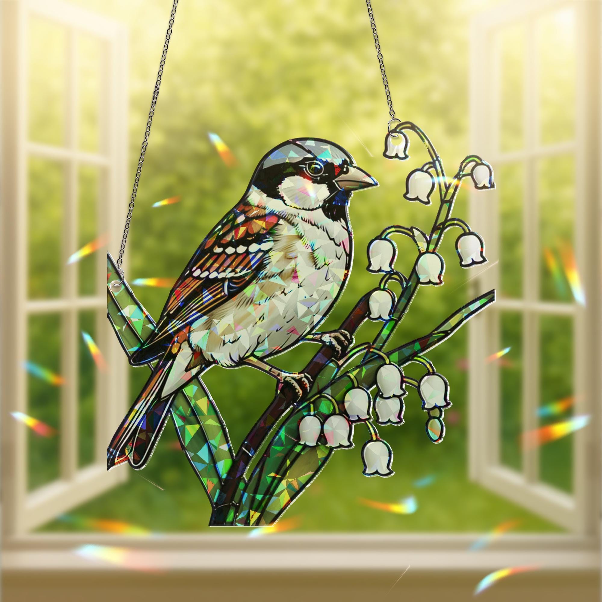 Sparrow and Lily of the Valley Window Hanging, Hologram Bird Suncatcher Window Decor, Nature Prism Decor, Spring Gift Idea
