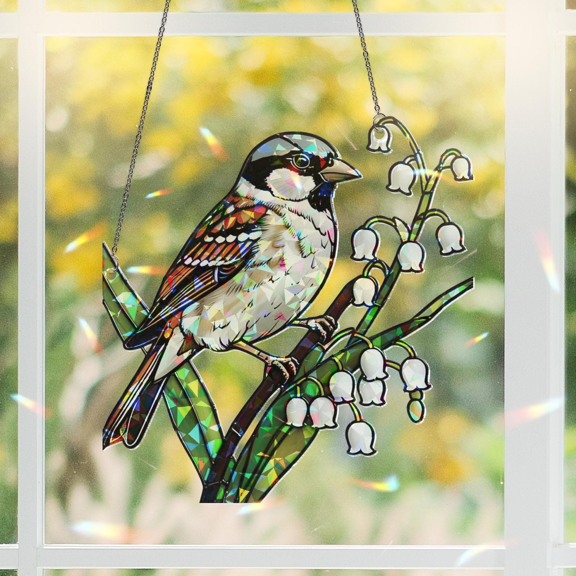 Sparrow and Lily of the Valley Window Hanging, Hologram Bird Suncatcher Window Decor, Nature Prism Decor, Spring Gift Idea