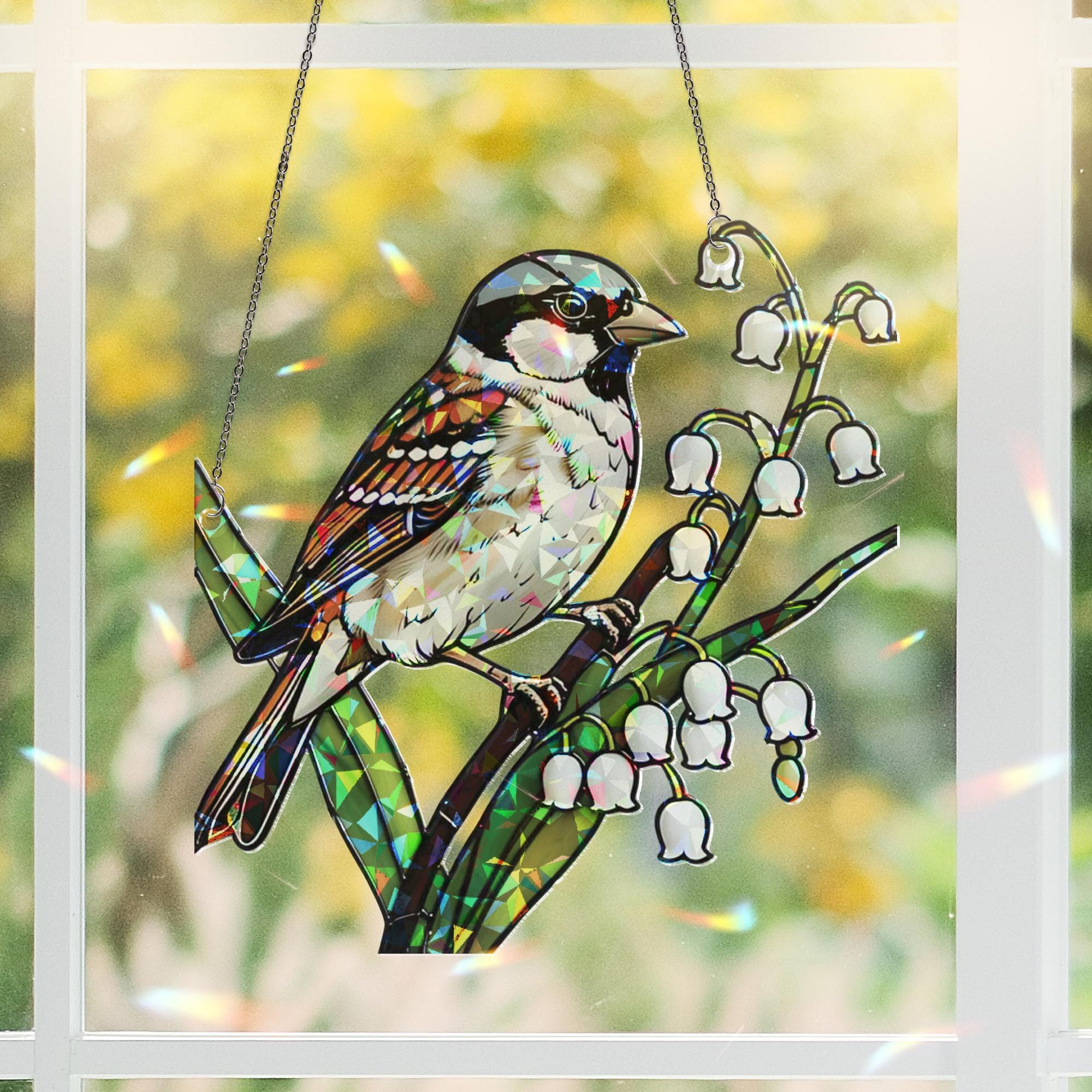 Sparrow and Lily of the Valley Window Hanging, Hologram Bird Suncatcher Window Decor, Nature Prism Decor, Spring Gift Idea