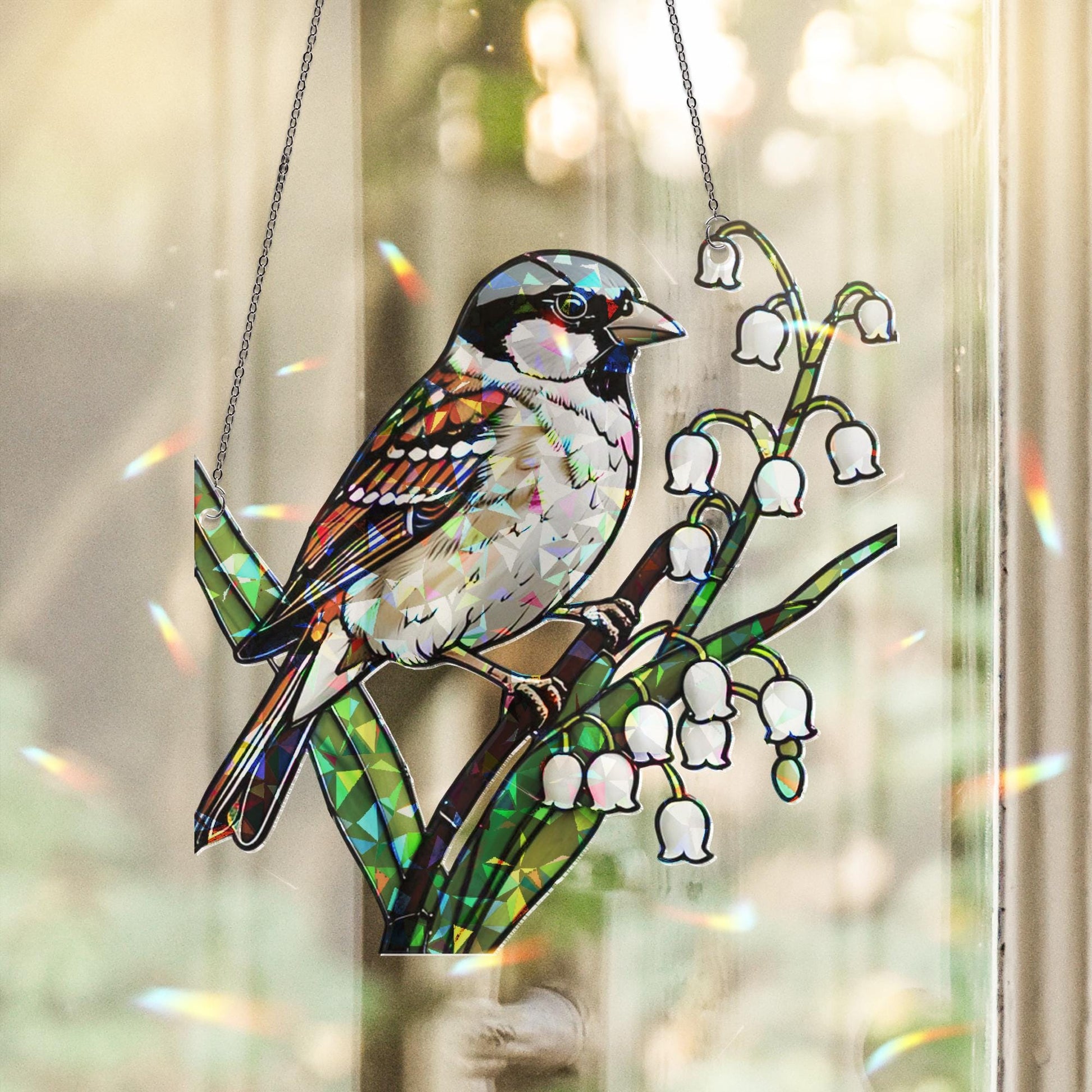 Sparrow and Lily of the Valley Window Hanging, Hologram Bird Suncatcher Window Decor, Nature Prism Decor, Spring Gift Idea
