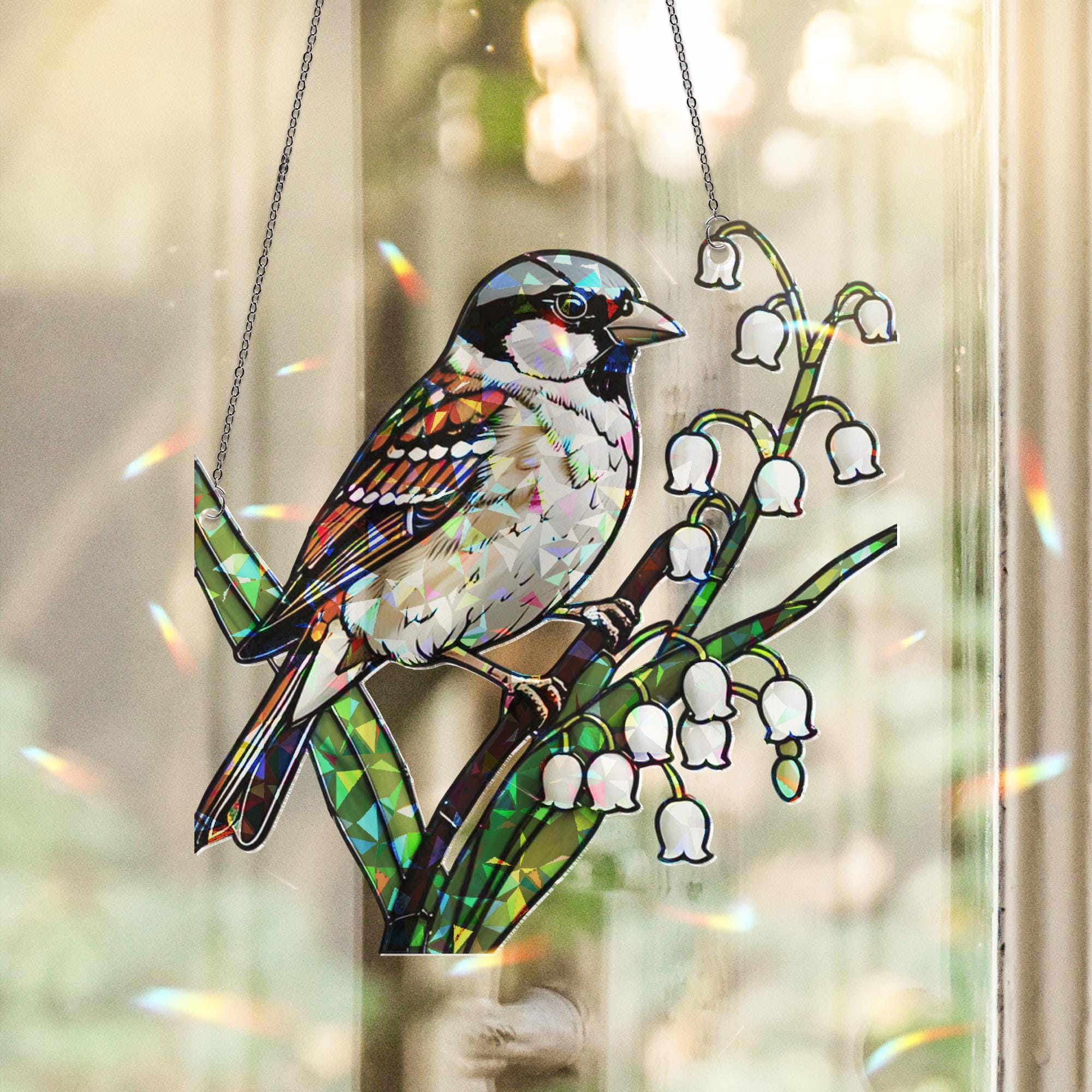 Sparrow and Lily of the Valley Window Hanging, Hologram Bird Suncatcher Window Decor, Nature Prism Decor, Spring Gift Idea