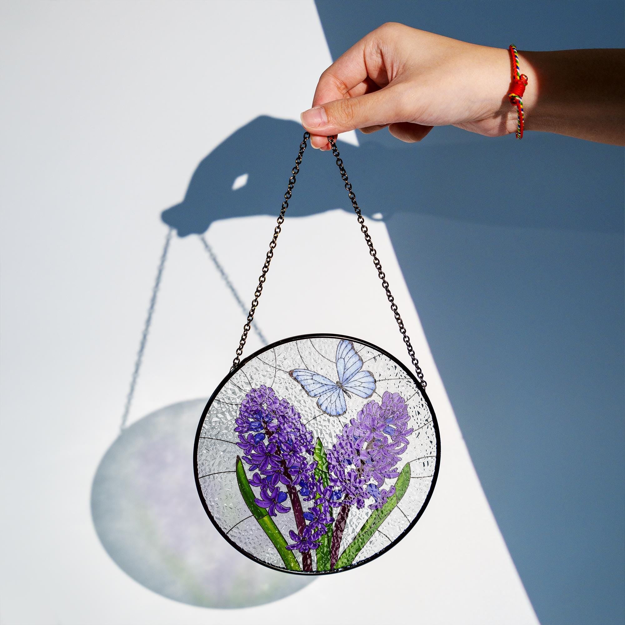 Purple Flowers & Blue Butterfly Glass Suncatcher – Stained Glass Style Hanging Window Decor – Spring Floral Art for Home or Garden