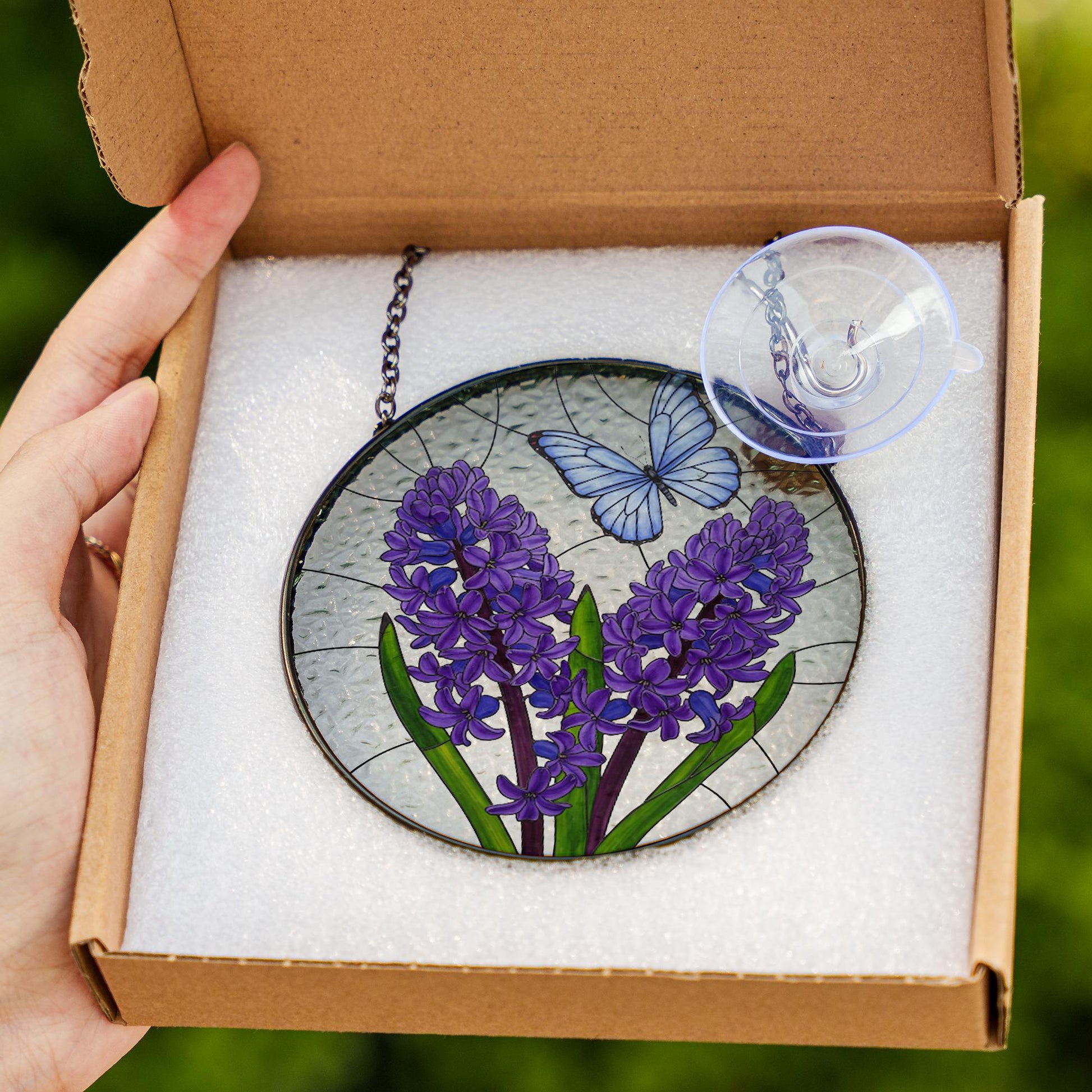 Purple Flowers & Blue Butterfly Glass Suncatcher – Stained Glass Style Hanging Window Decor – Spring Floral Art for Home or Garden
