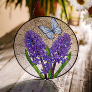 Purple Flowers & Blue Butterfly Glass Suncatcher – Stained Glass Style Hanging Window Decor – Spring Floral Art for Home or Garden