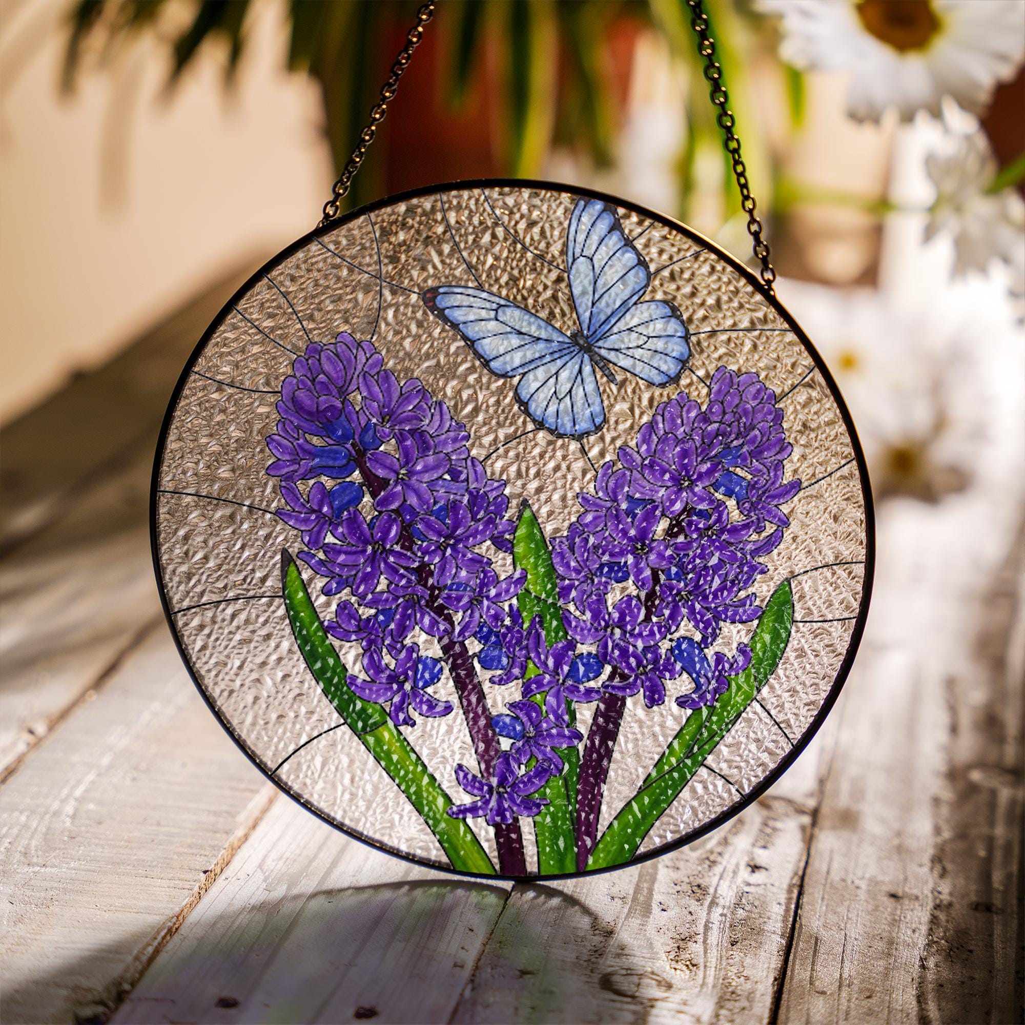 Purple Flowers & Blue Butterfly Glass Suncatcher – Stained Glass Style Hanging Window Decor – Spring Floral Art for Home or Garden