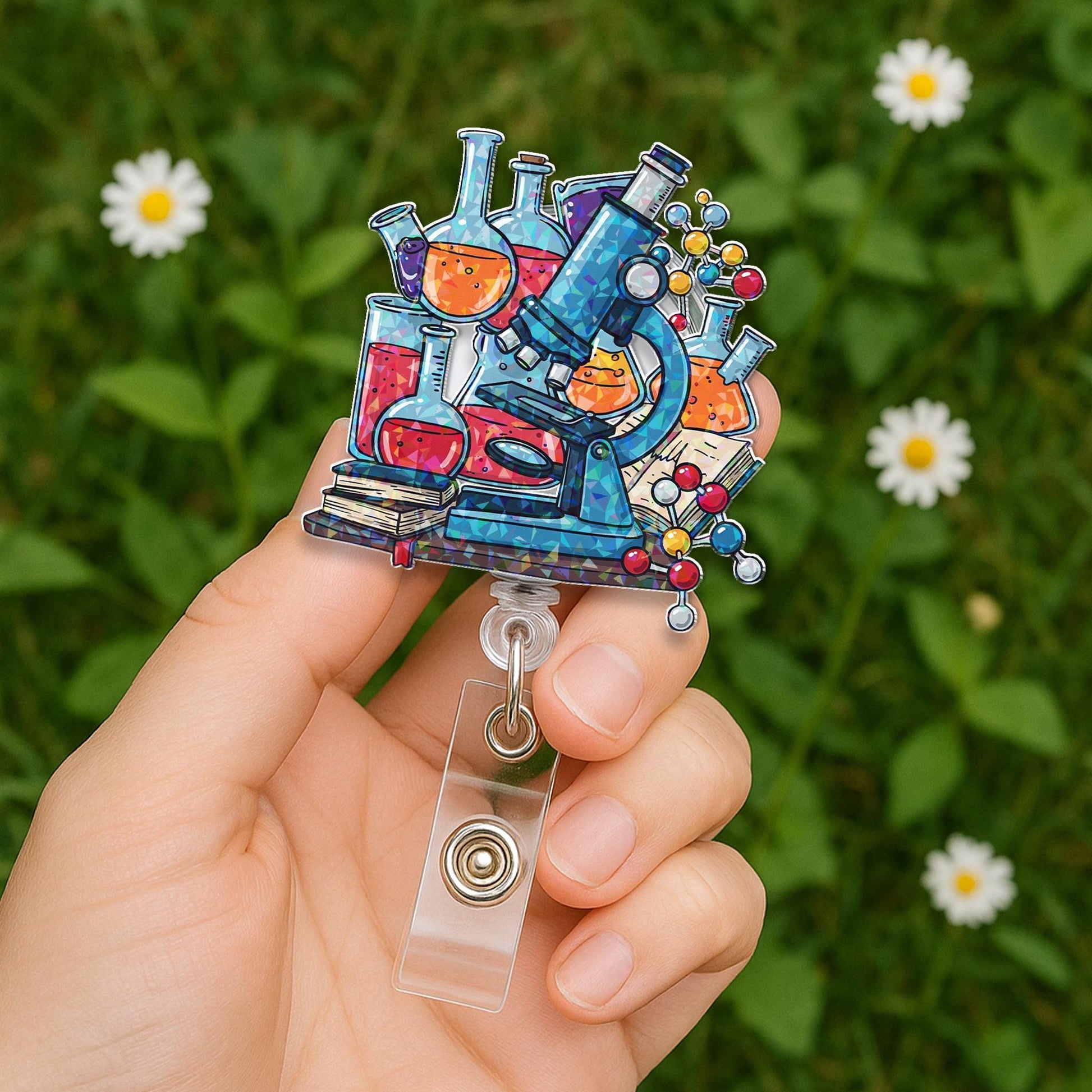 Hologram Science Badge Reel, Lab Microscope ID Clip, Chemistry Badge Holder, STEM Gift, Scientist Accessory, Colorful Science Work Reel