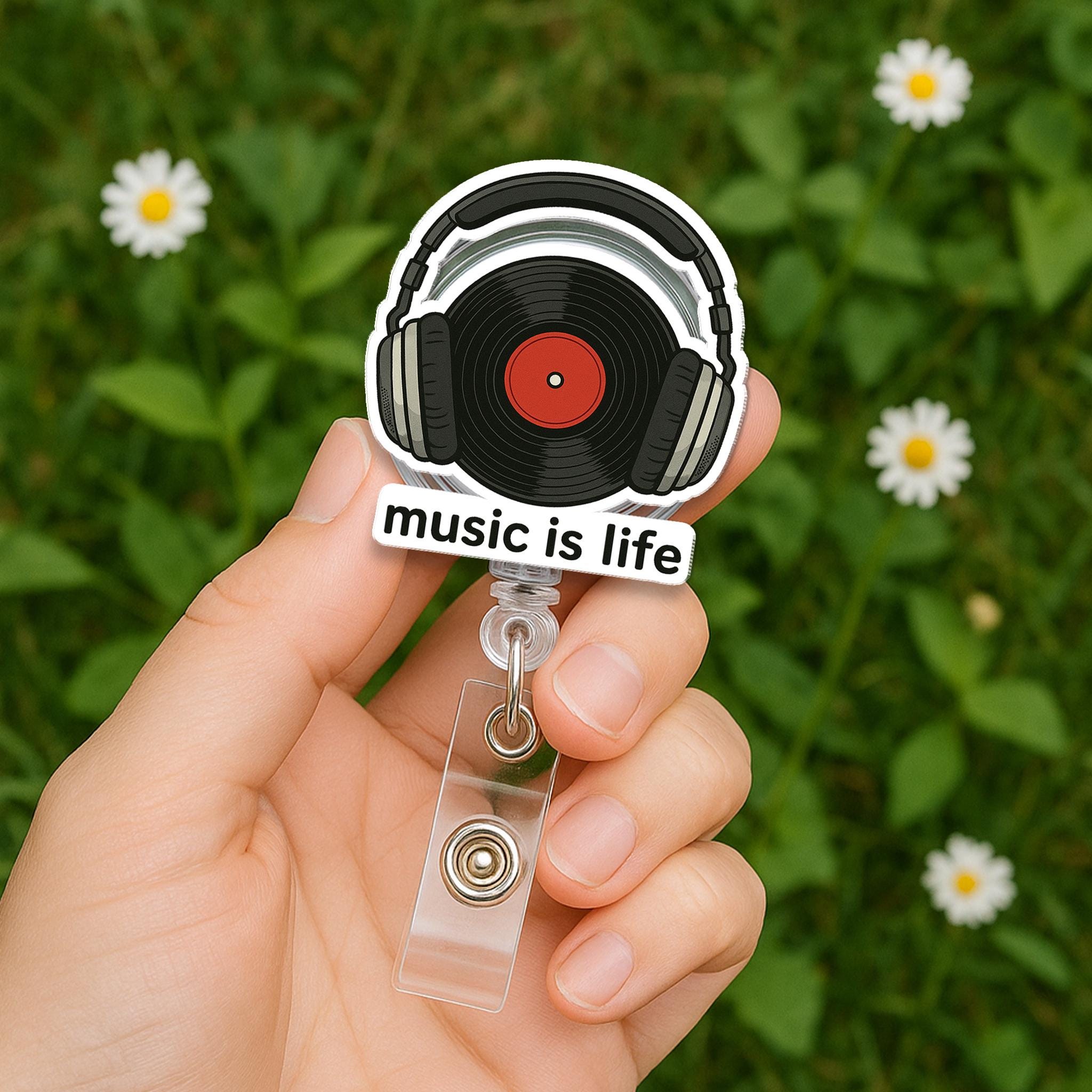 Music Is Life Badge Reel, Vinyl Record ID Holder, Music Lover Gift, Headphones Badge Clip, DJ Nurse Badge Reel, Retro Music Accessory