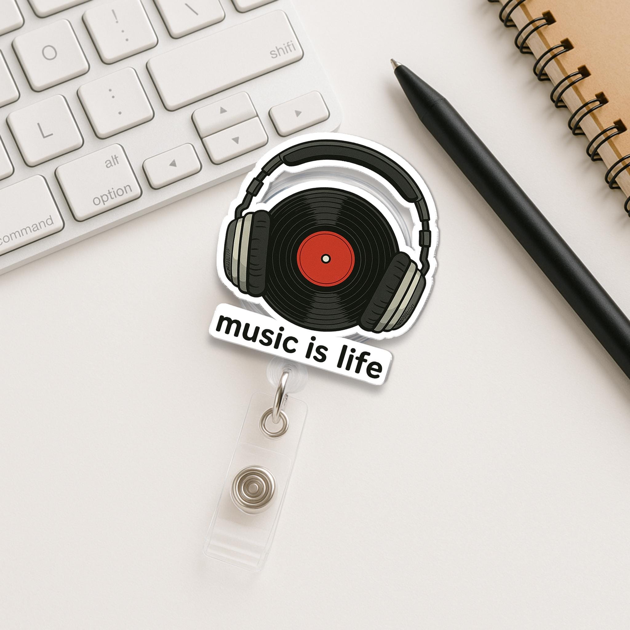 Music Is Life Badge Reel, Vinyl Record ID Holder, Music Lover Gift, Headphones Badge Clip, DJ Nurse Badge Reel, Retro Music Accessory
