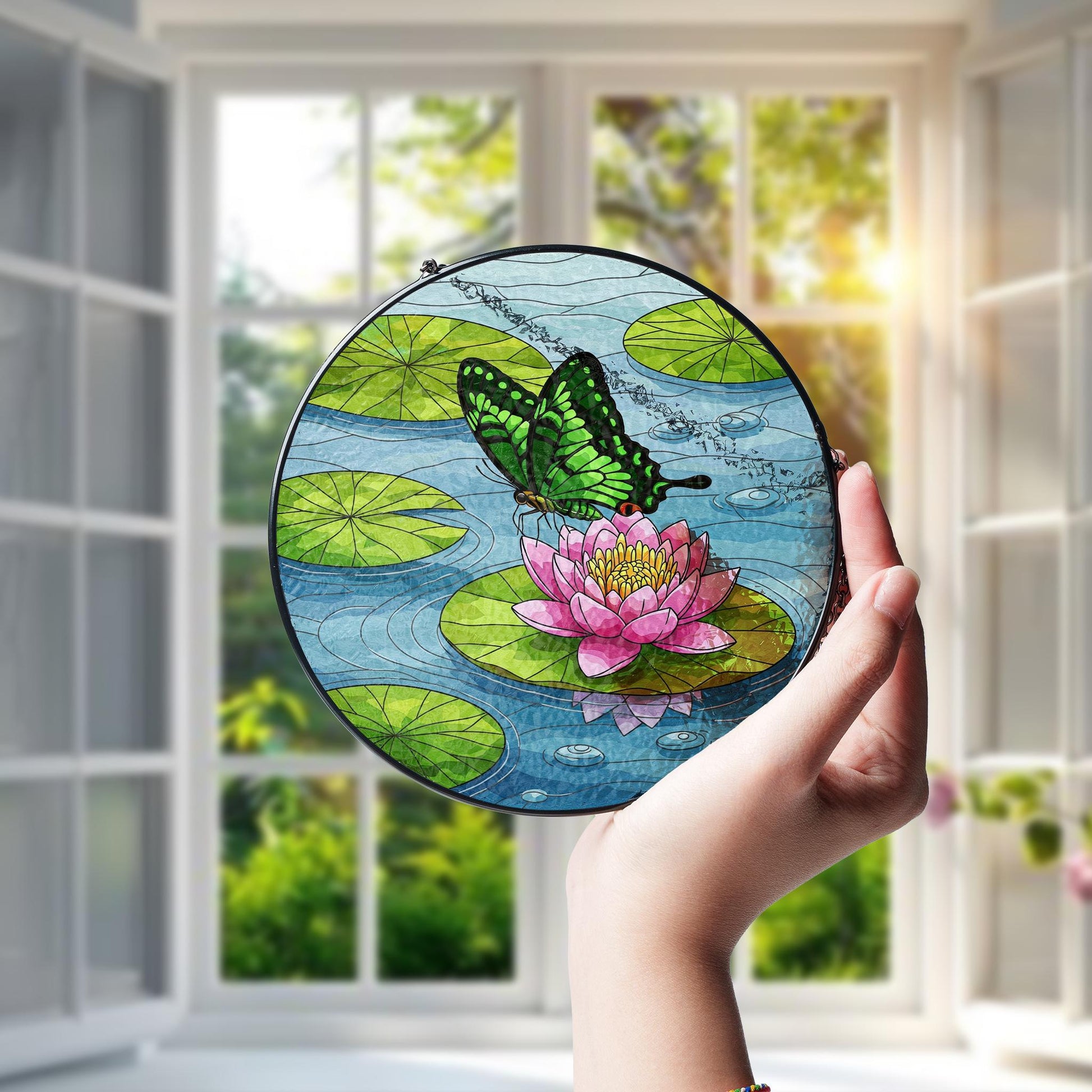 Emerald Swallowtail & Water Lily Glass Suncatcher – Mother’s Day Gift, Butterfly Window Decor, Floral Garden Ornament, Nature Lover Art