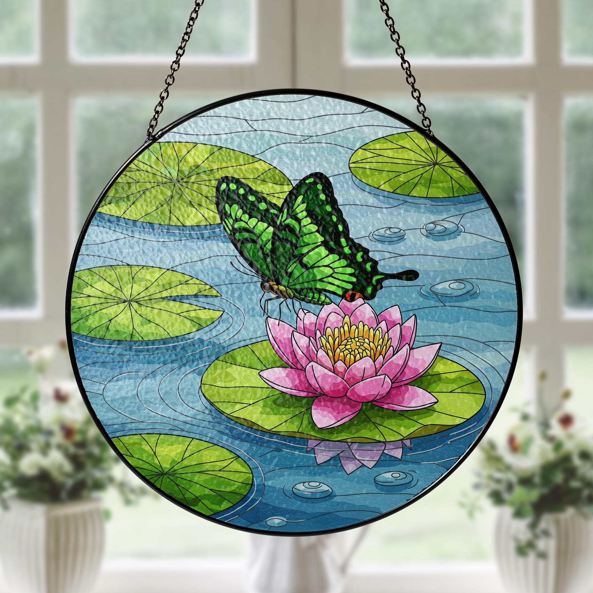 Emerald Swallowtail & Water Lily Glass Suncatcher – Mother’s Day Gift, Butterfly Window Decor, Floral Garden Ornament, Nature Lover Art