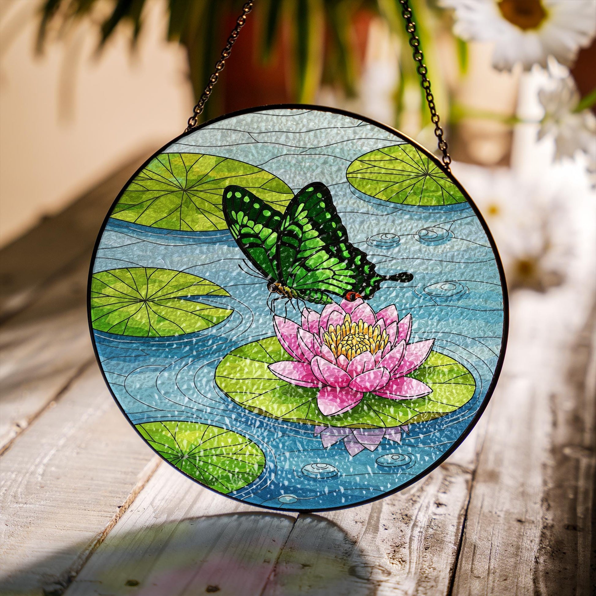 Emerald Swallowtail & Water Lily Glass Suncatcher – Mother’s Day Gift, Butterfly Window Decor, Floral Garden Ornament, Nature Lover Art