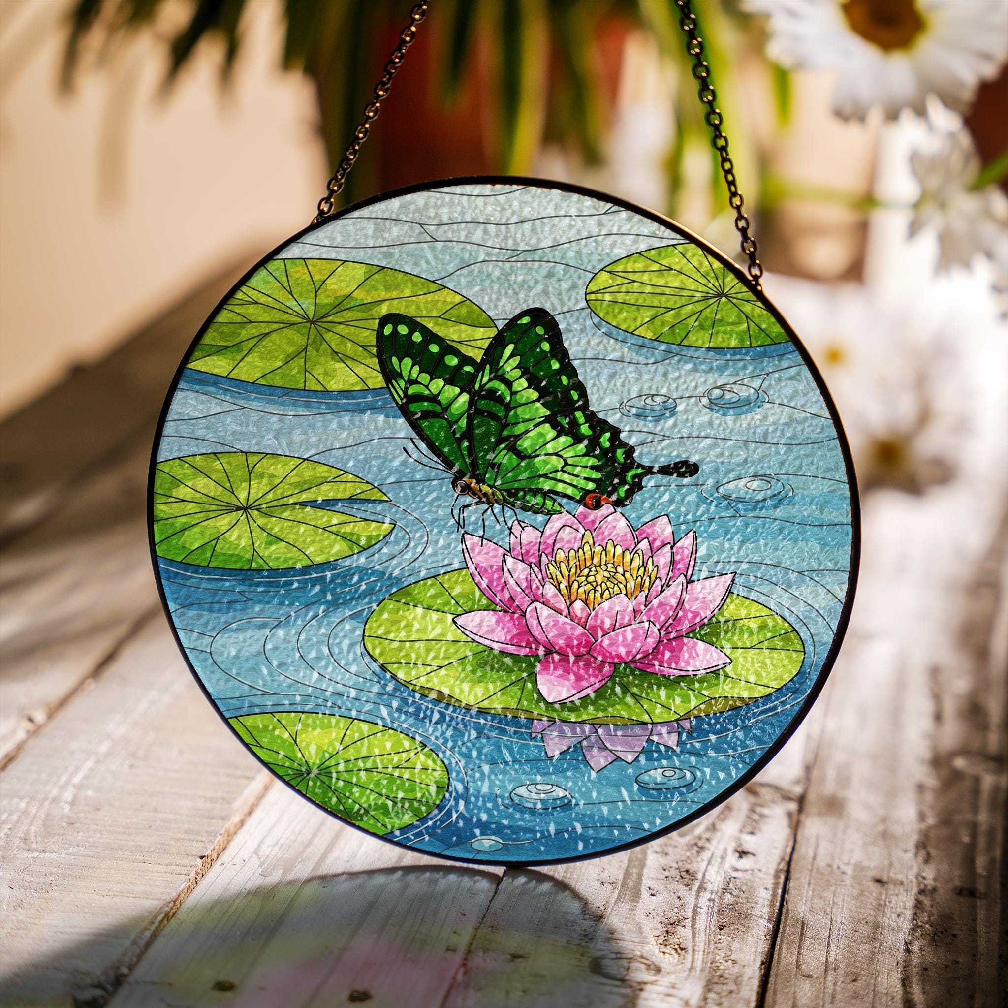 Emerald Swallowtail & Water Lily Glass Suncatcher – Mother’s Day Gift, Butterfly Window Decor, Floral Garden Ornament, Nature Lover Art