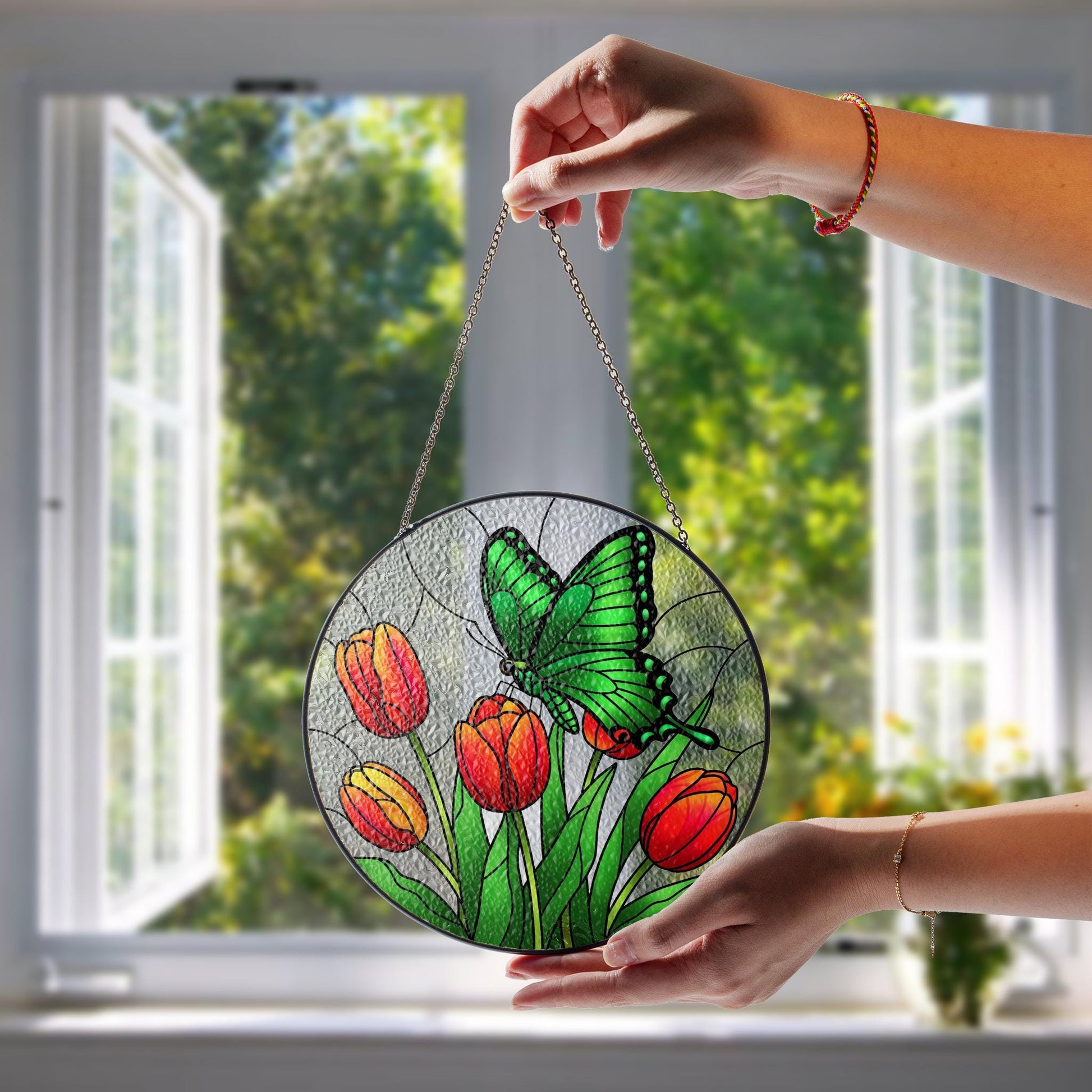 Emerald Swallowtail & Tulips Glass Suncatcher – Mother’s Day Gift, Butterfly Window Decor, Floral Nature Ornament, Garden Lover Gift