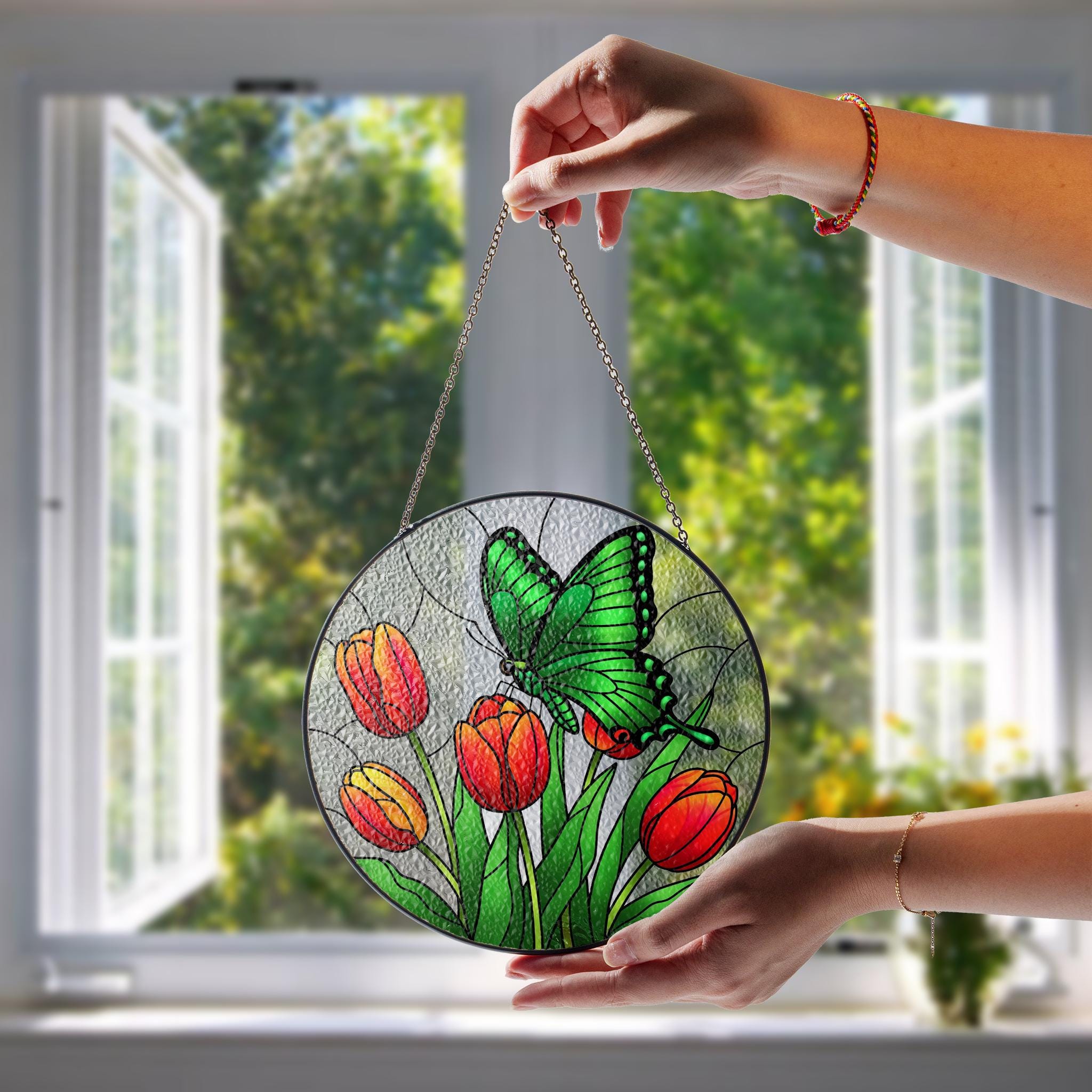 Emerald Swallowtail & Tulips Glass Suncatcher – Mother’s Day Gift, Butterfly Window Decor, Floral Nature Ornament, Garden Lover Gift