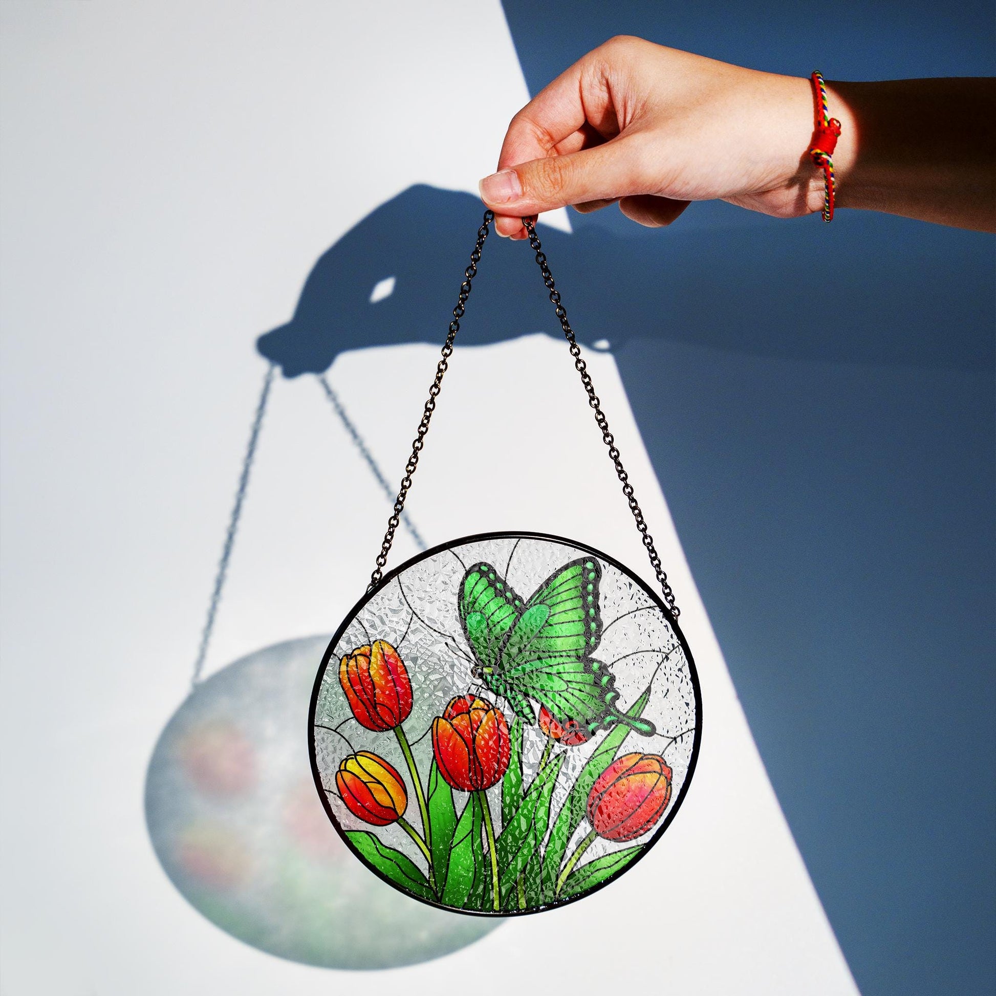 Emerald Swallowtail & Tulips Glass Suncatcher – Mother’s Day Gift, Butterfly Window Decor, Floral Nature Ornament, Garden Lover Gift