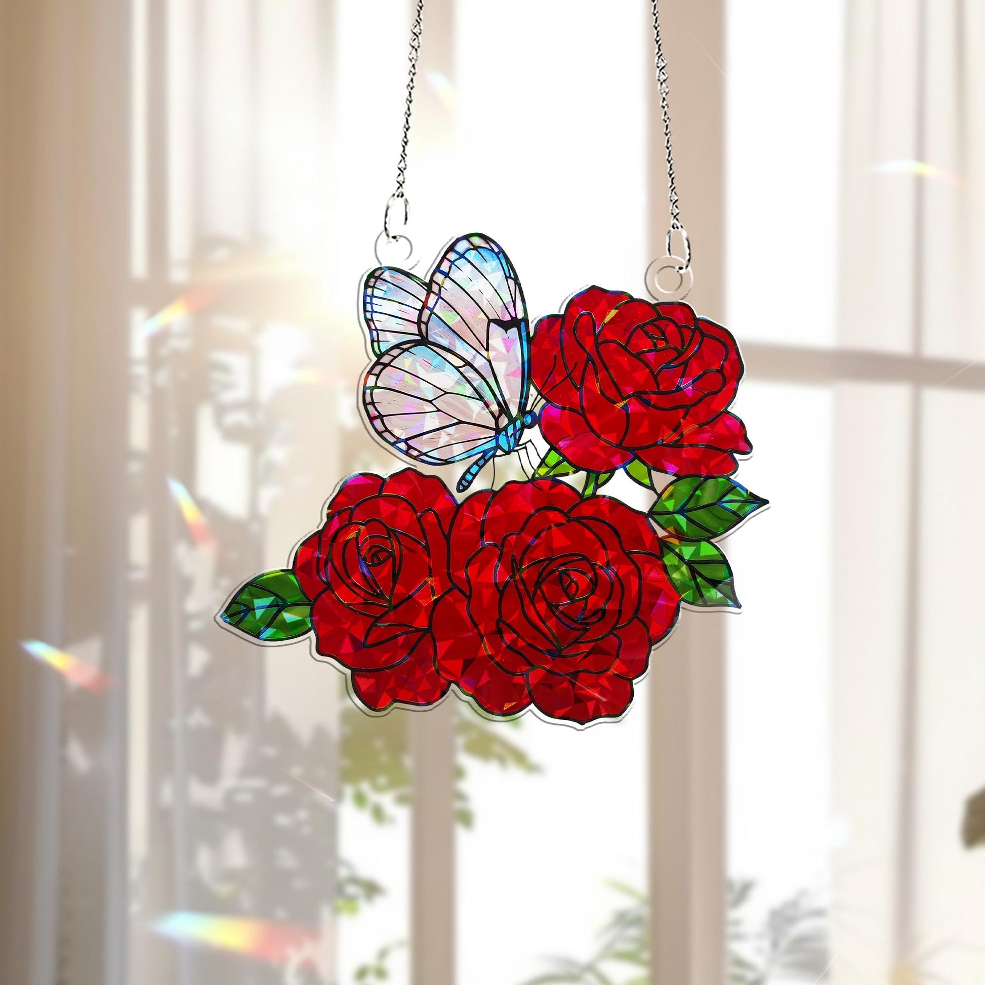 Glasswing Butterfly & Roses Hologram Acrylic Window Hanging – Mother’s Day Gift, Floral Suncatcher, Nature Lover Decor, Garden Window Art