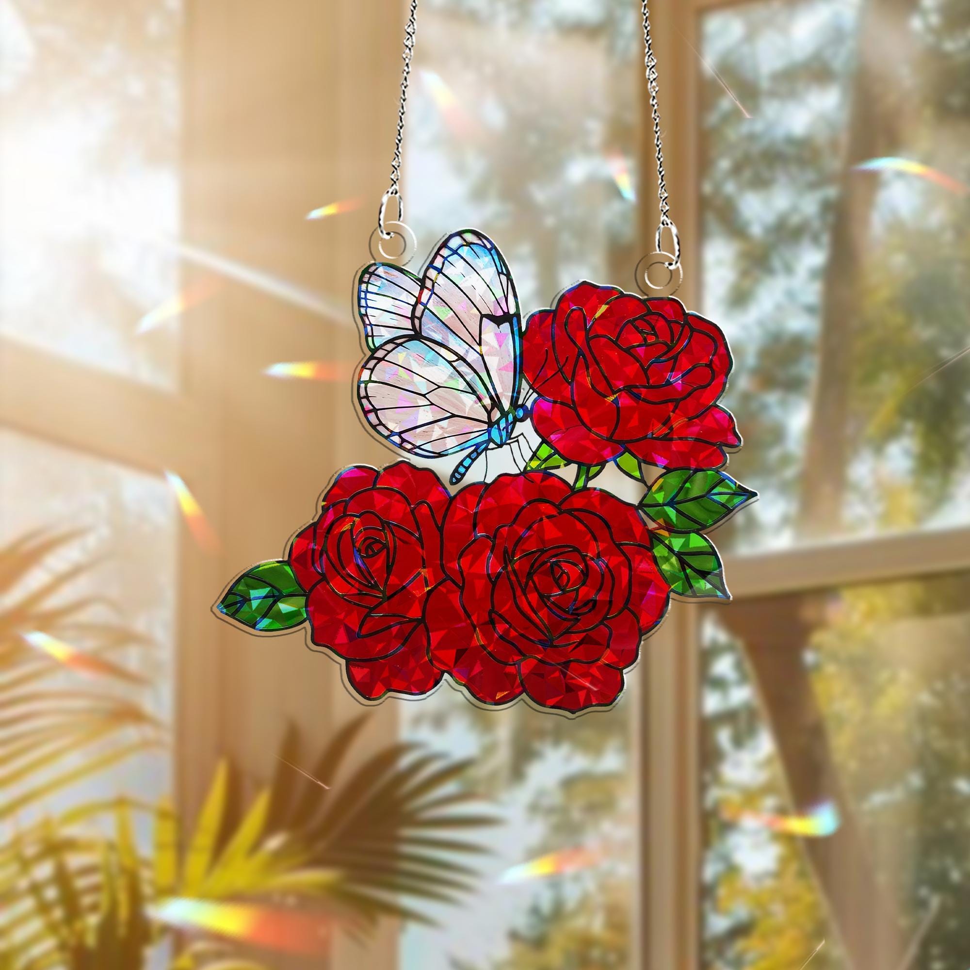 Glasswing Butterfly & Roses Hologram Acrylic Window Hanging – Mother’s Day Gift, Floral Suncatcher, Nature Lover Decor, Garden Window Art