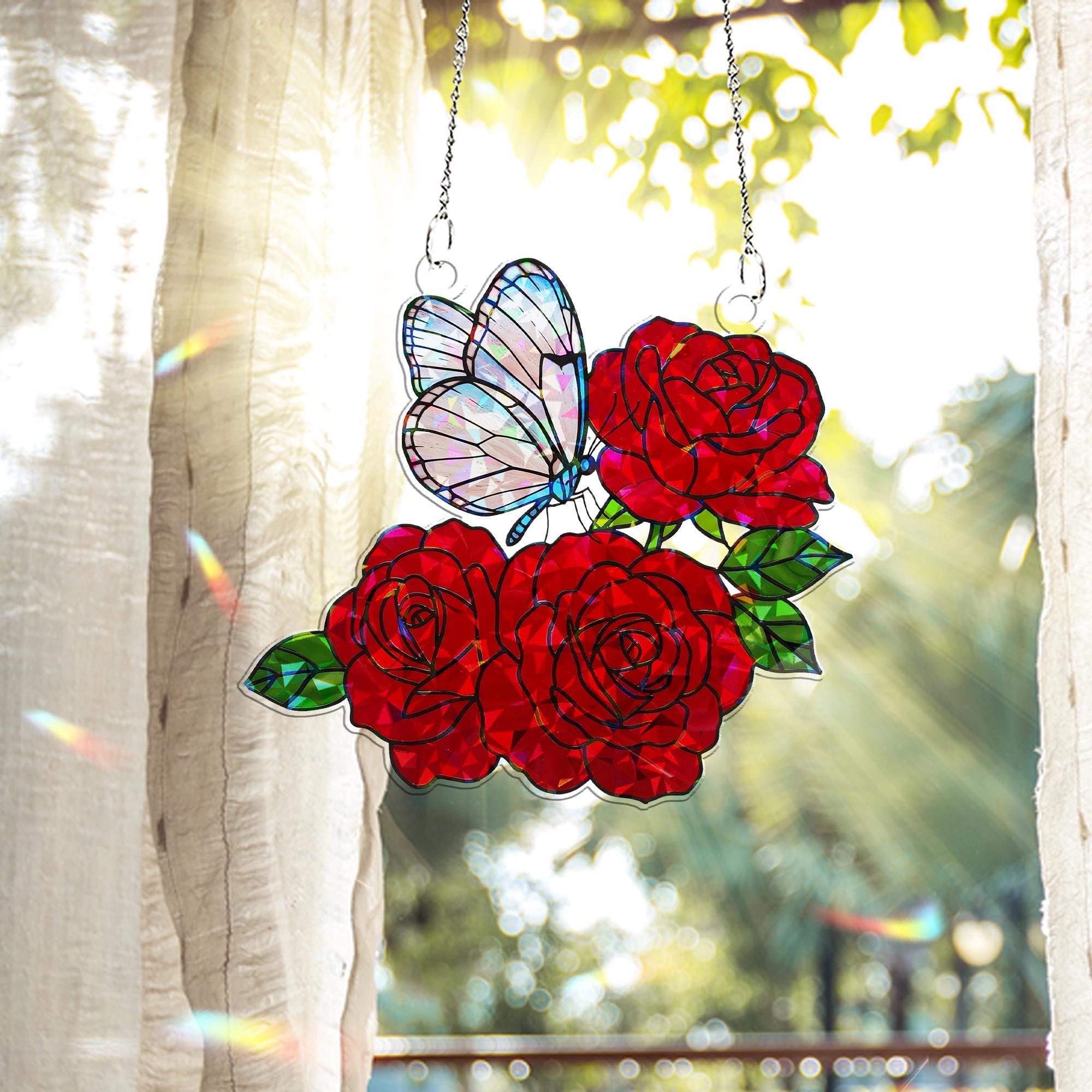 Glasswing Butterfly & Roses Hologram Acrylic Window Hanging – Mother’s Day Gift, Floral Suncatcher, Nature Lover Decor, Garden Window Art