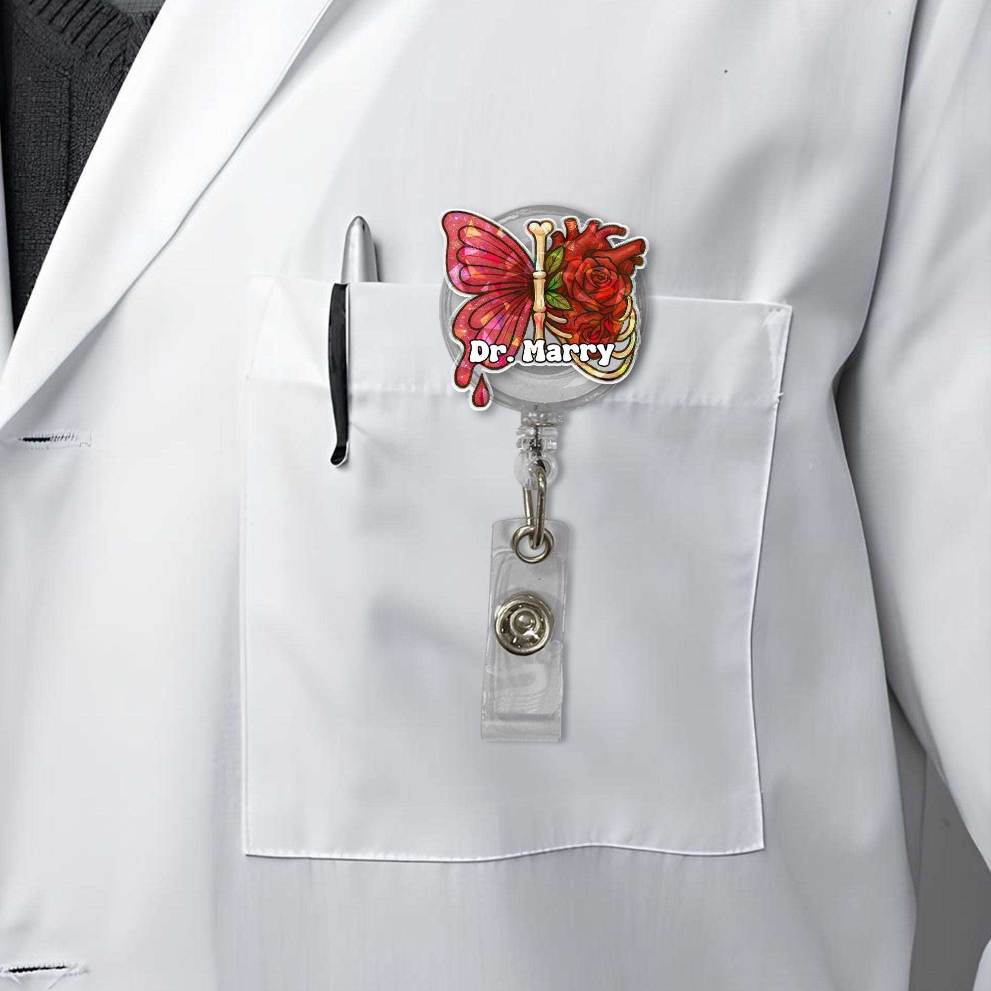 Custom Name Butterfly & Rose Heart Badge Reel – Custom Medical ID Holder – Retractable Clip for Doctors, Nurses, and Healthcare Workers