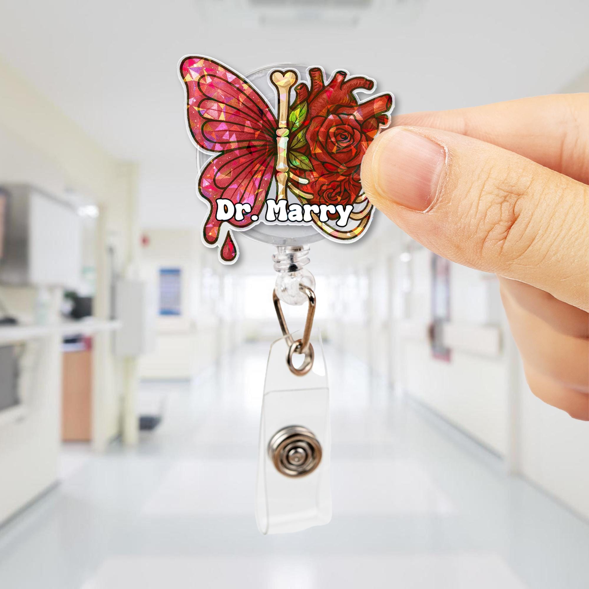 Custom Name Butterfly & Rose Heart Badge Reel – Custom Medical ID Holder – Retractable Clip for Doctors, Nurses, and Healthcare Workers