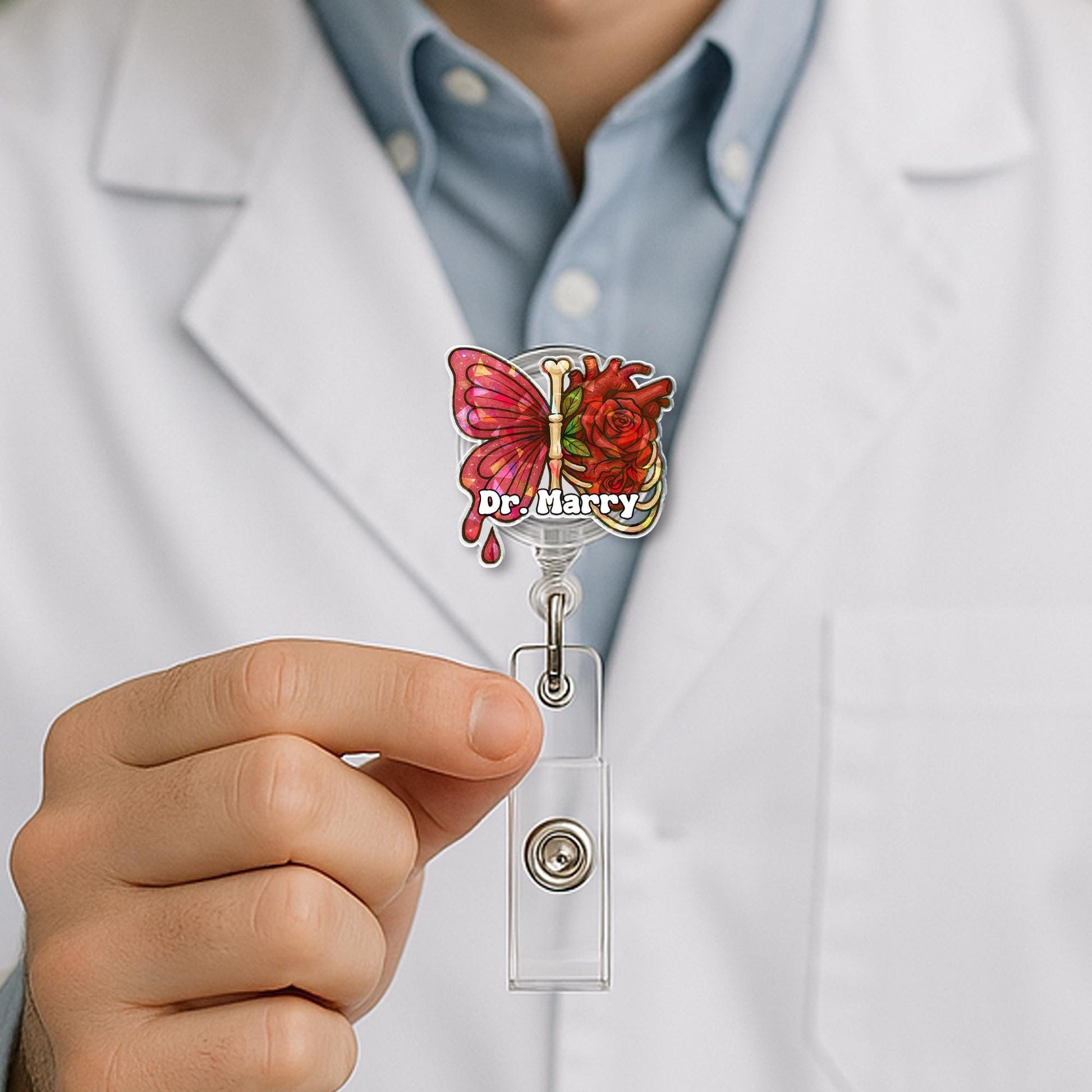 Custom Name Butterfly & Rose Heart Badge Reel – Custom Medical ID Holder – Retractable Clip for Doctors, Nurses, and Healthcare Workers