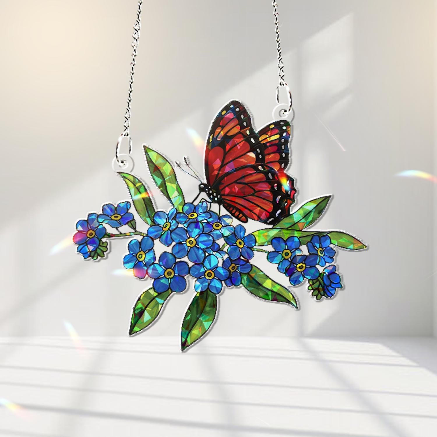 Butterfly & Not Forget Me Flowers Window Hanging – Stained Glass Style Sun Catcher – Nature-Inspired Floral Home Decor for Window or Garden