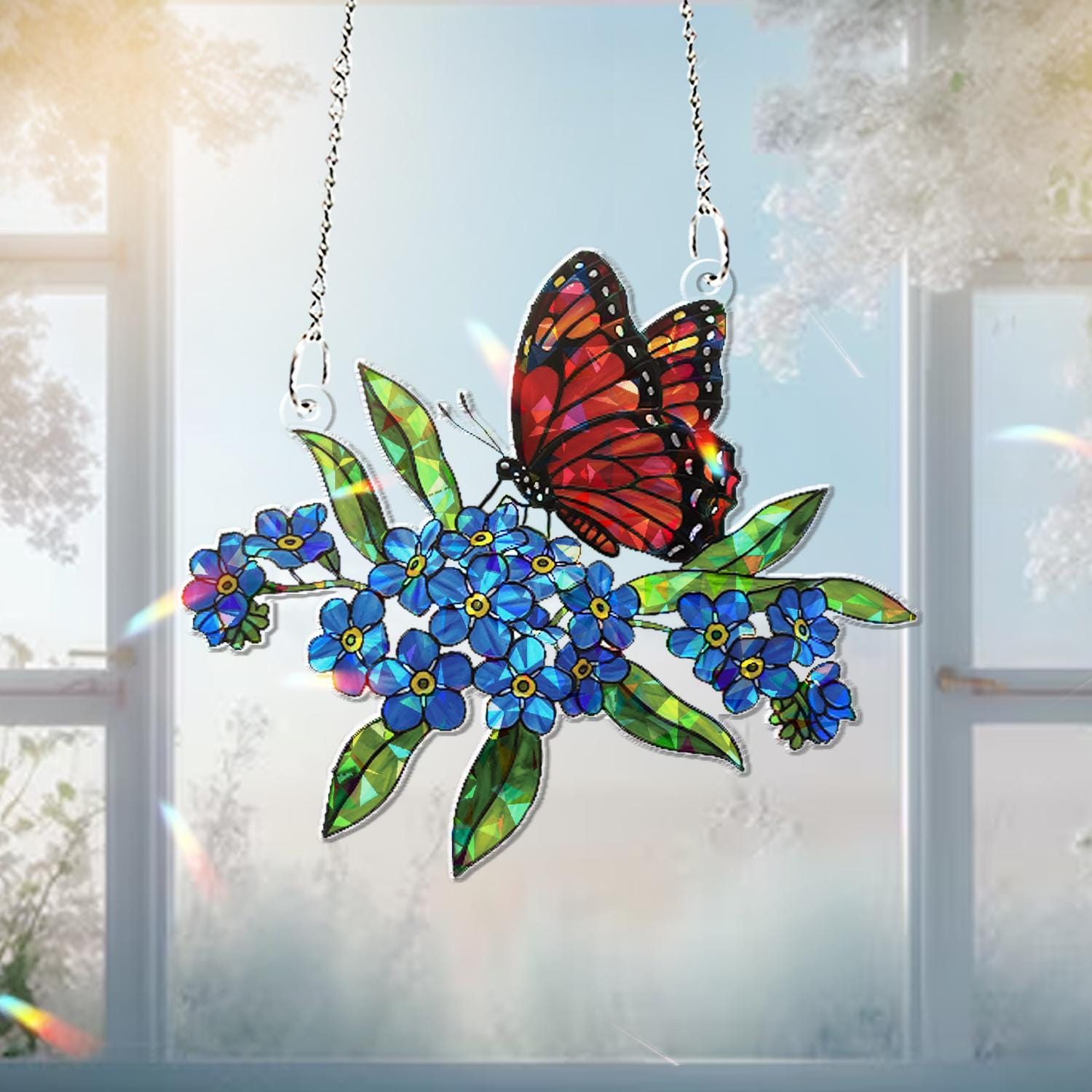 Butterfly & Not Forget Me Flowers Window Hanging – Stained Glass Style Sun Catcher – Nature-Inspired Floral Home Decor for Window or Garden