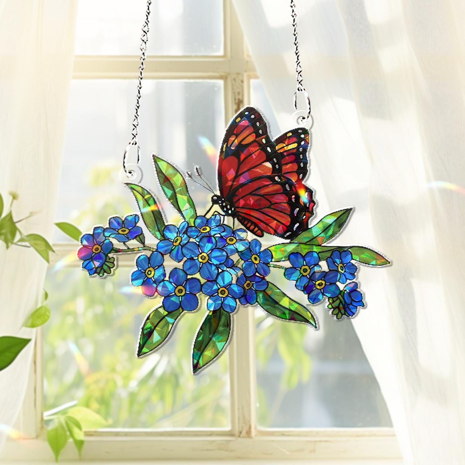 Butterfly & Not Forget Me Flowers Window Hanging – Stained Glass Style Sun Catcher – Nature-Inspired Floral Home Decor for Window or Garden