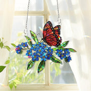 Butterfly & Not Forget Me Flowers Window Hanging – Stained Glass Style Sun Catcher – Nature-Inspired Floral Home Decor for Window or Garden