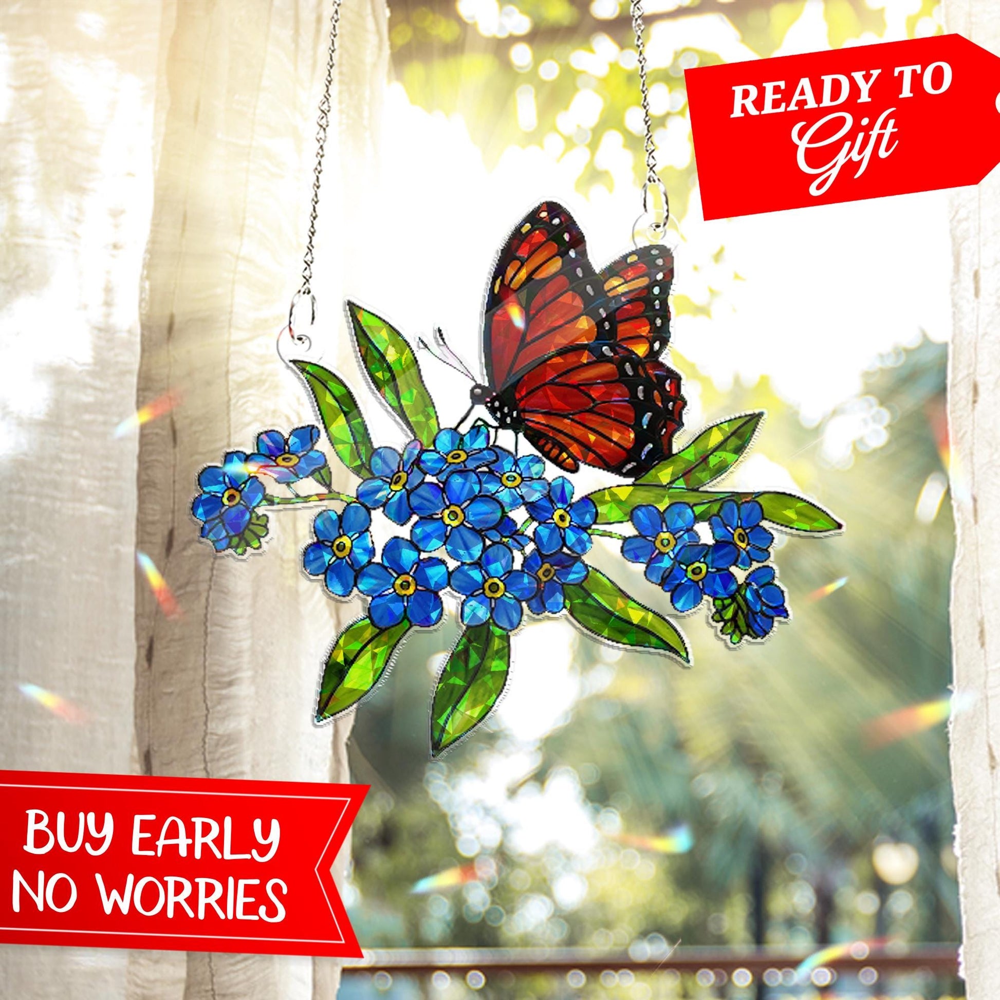 Butterfly & Not Forget Me Flowers Window Hanging – Stained Glass Style Sun Catcher – Nature-Inspired Floral Home Decor for Window or Garden