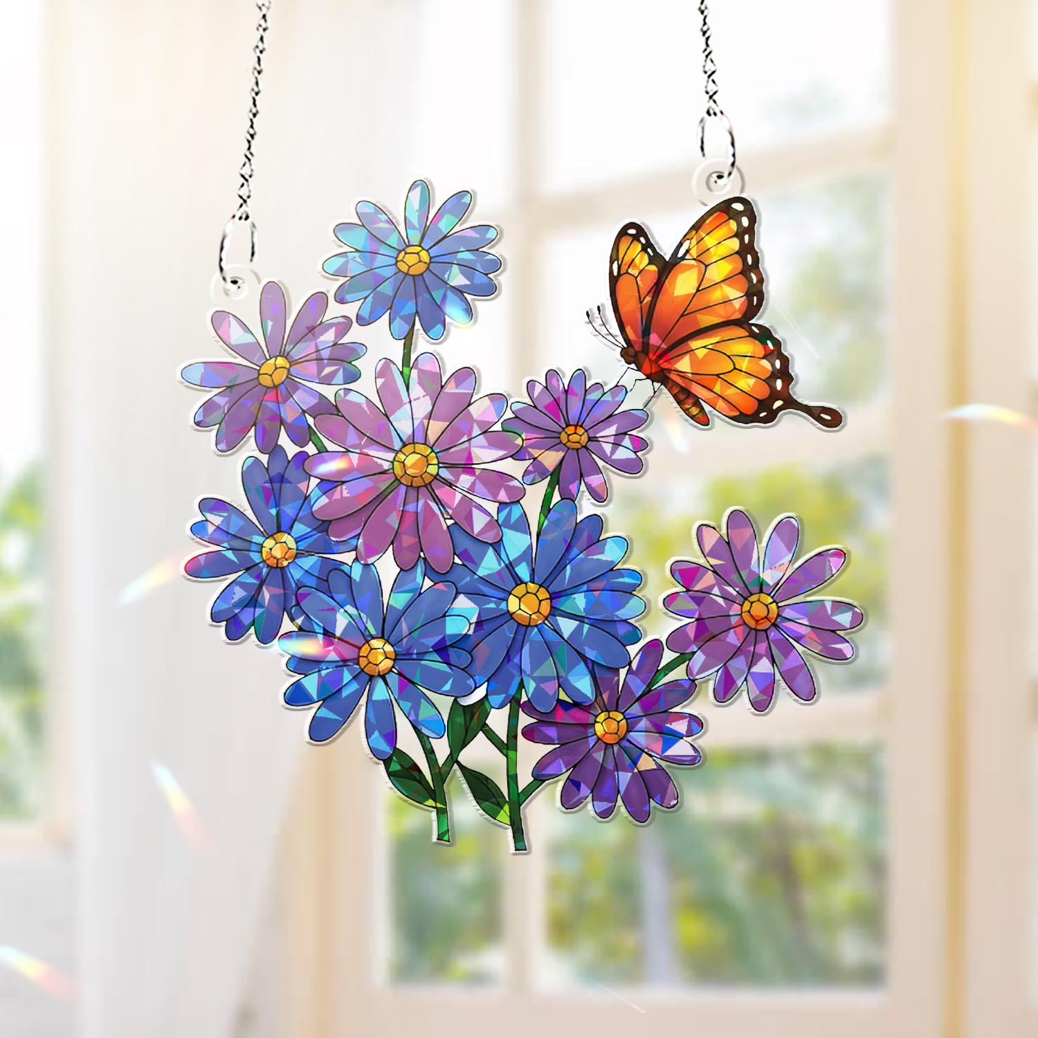Purple Daisies & Monarch Butterfly Window Hanging – Stained Glass Style Suncatcher – Floral Nature Decor for Home, Garden, or Gifts