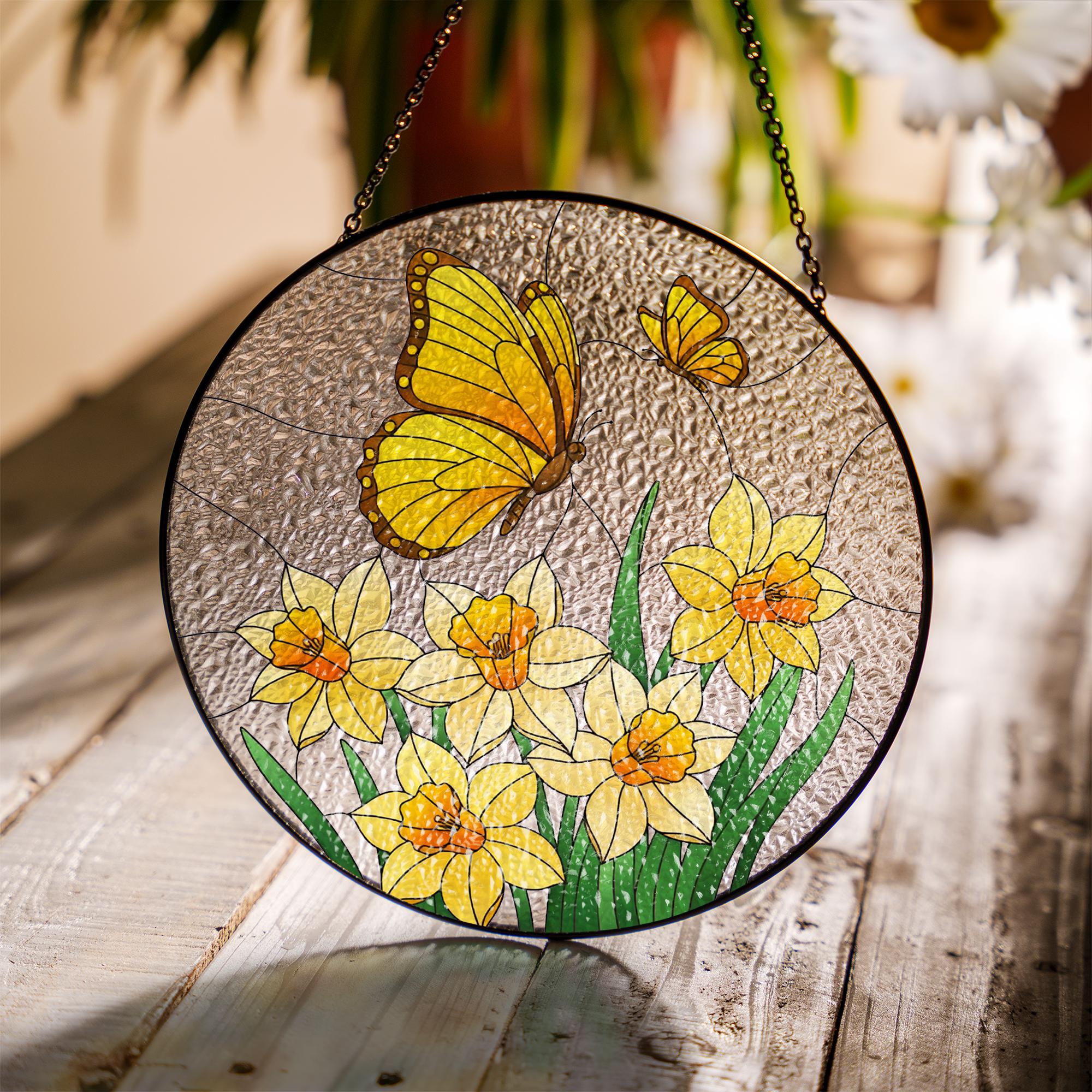 Yellow Butterflies & Daffodils Glass Suncatcher – Stained Glass Style Floral Window Hanging – Spring Nature Decor for Home or Garden