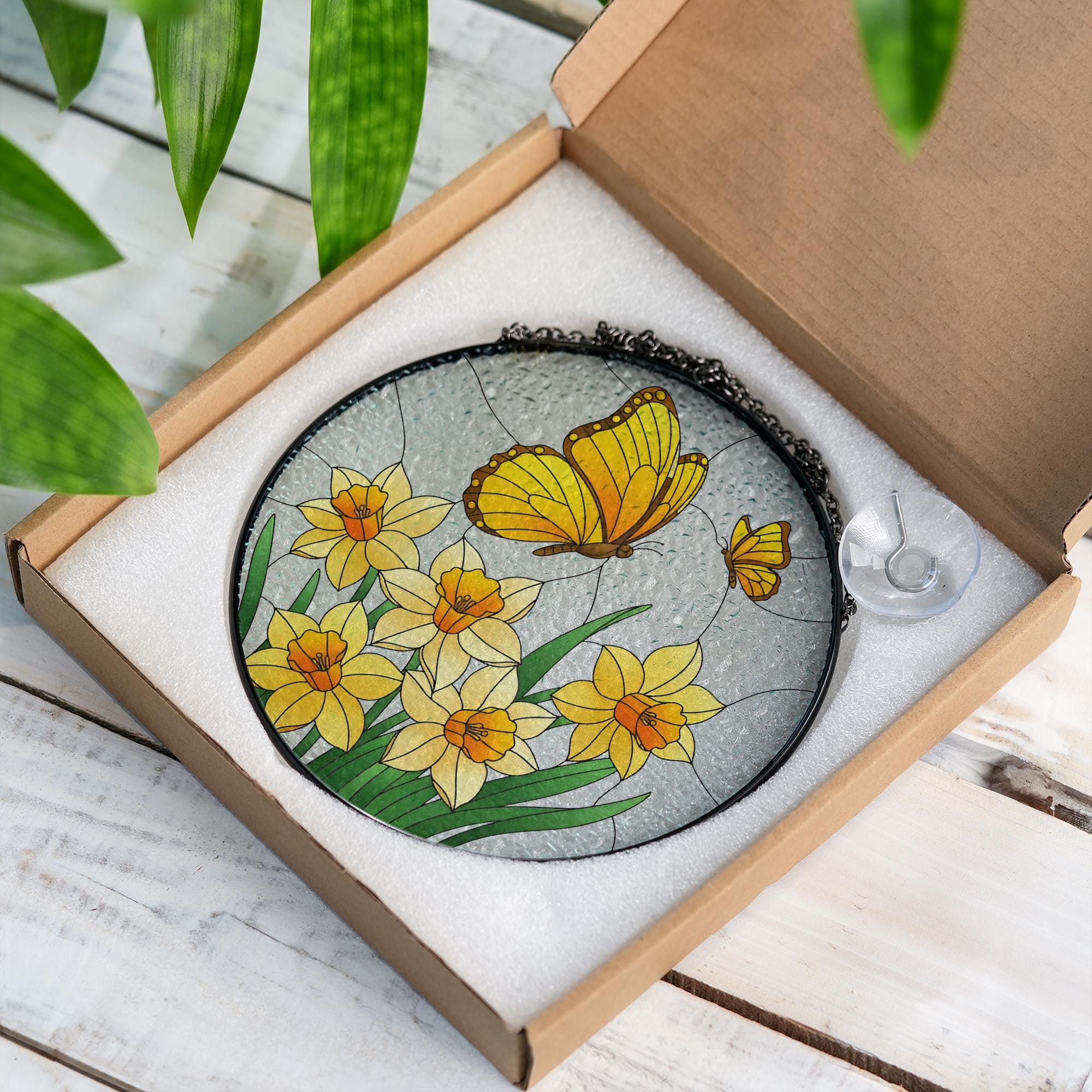 Yellow Butterflies & Daffodils Glass Suncatcher – Stained Glass Style Floral Window Hanging – Spring Nature Decor for Home or Garden
