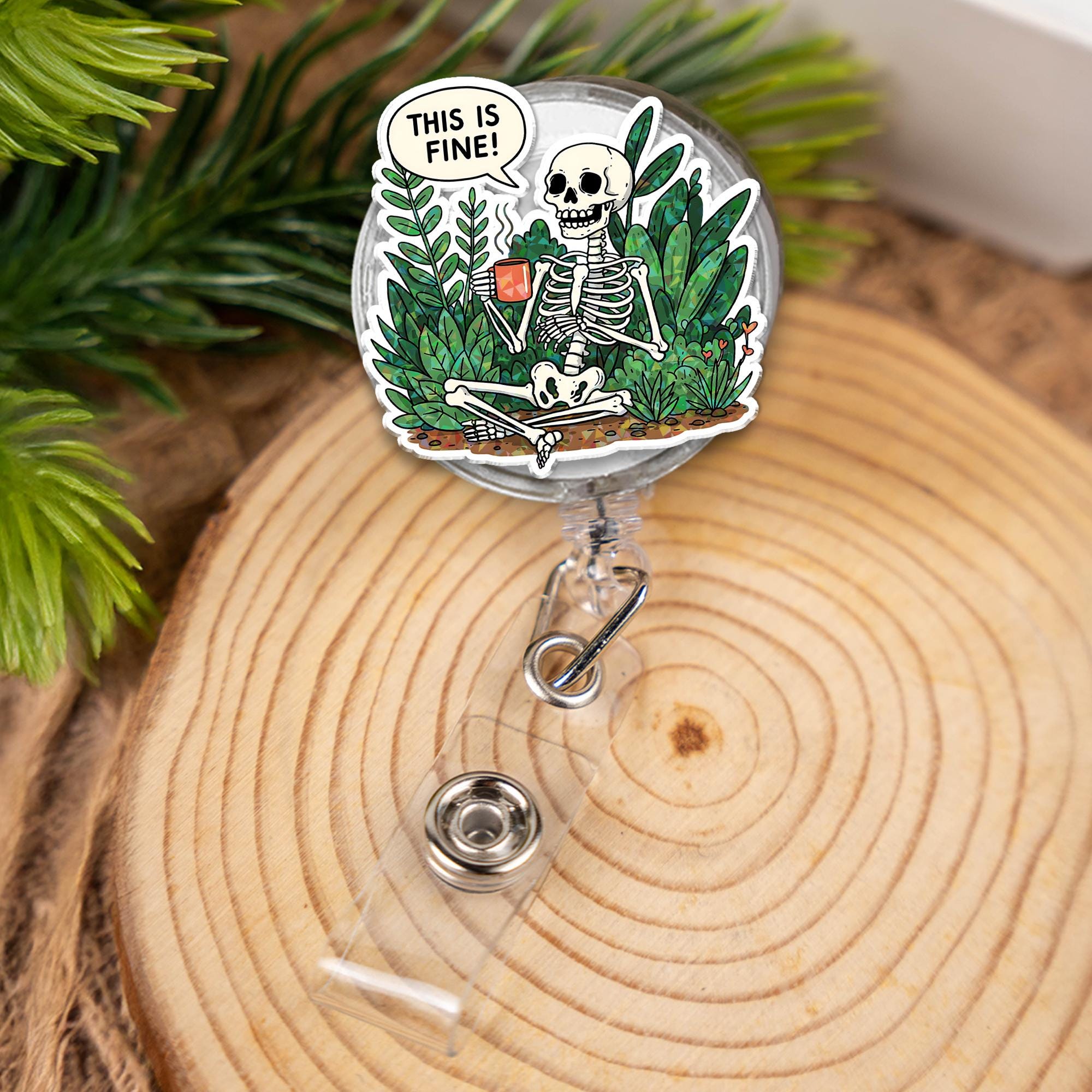 Skeleton This is Fine Badge Reel - Funny Retractable ID Holder, Nurse Badge Clip, Healthcare Worker Gift, Medical Staff Humor