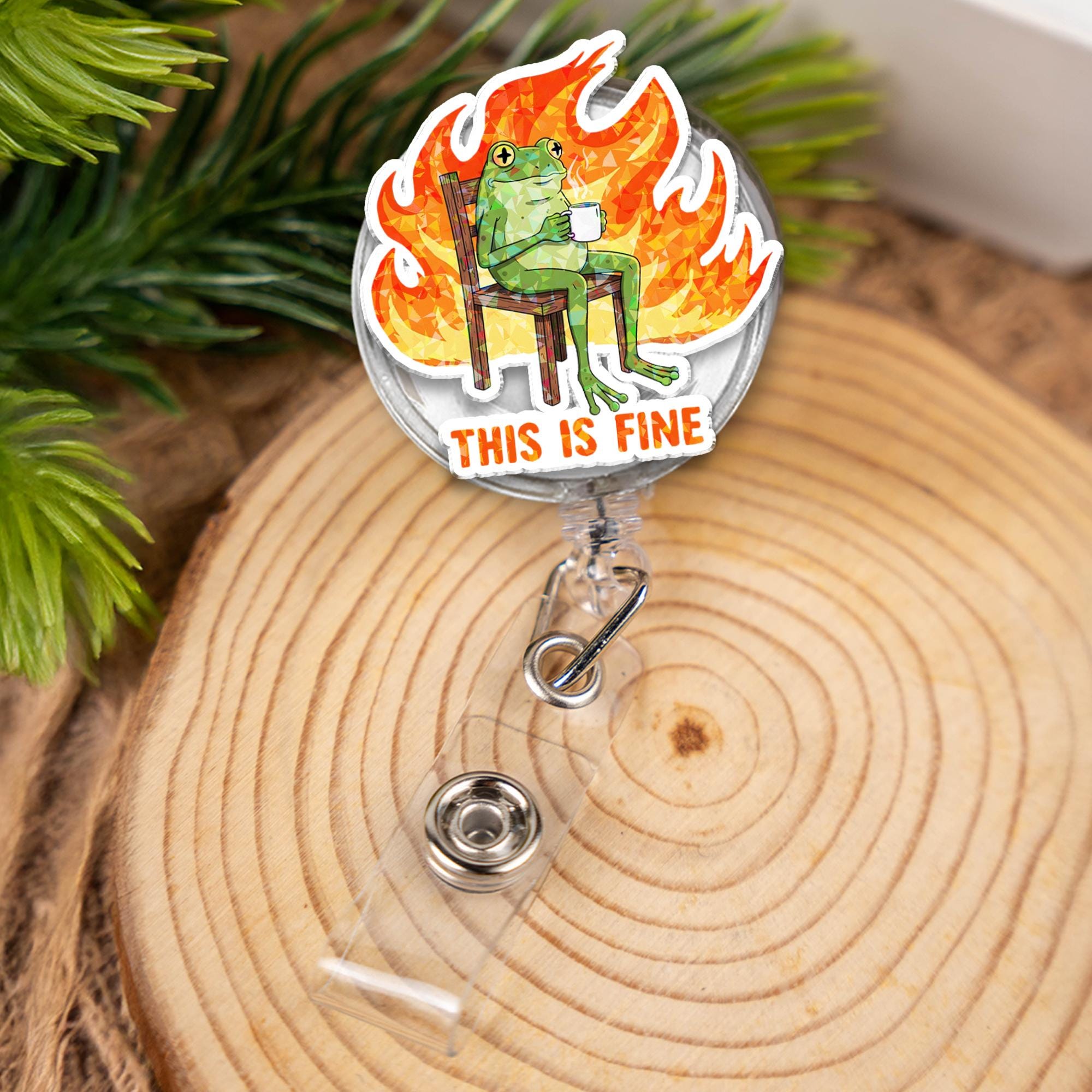 Funny Frog This Is Fine Badge Reel, Retractable ID Holder, Nurse Badge, Cute Medical Staff Gift, Frog Meme Badge Clip