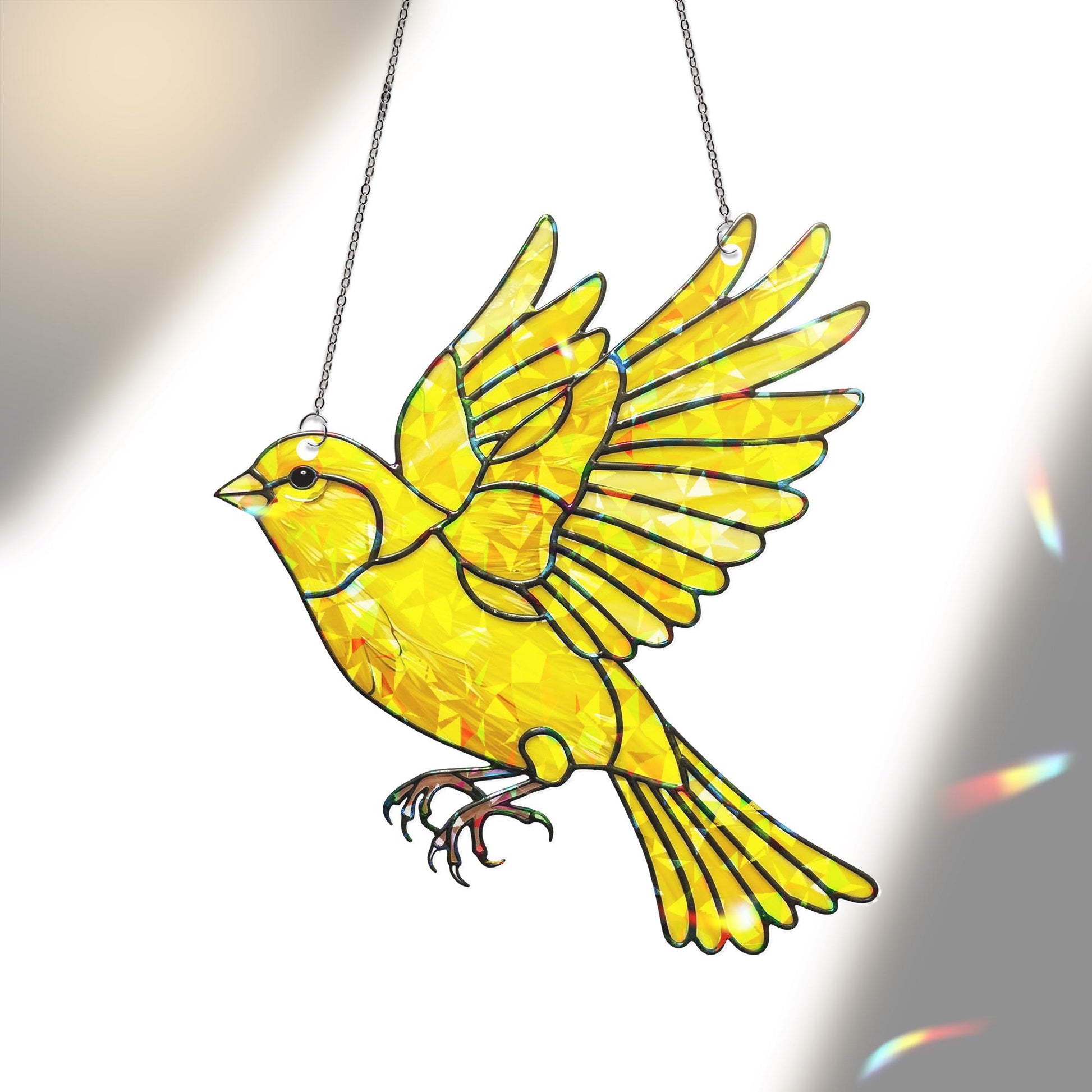 Yellow Canary Bird Suncatcher – Holographic Acrylic Window Decor – Mother's Day Gift for Mom – Bright Bird Ornament, faux stained glass