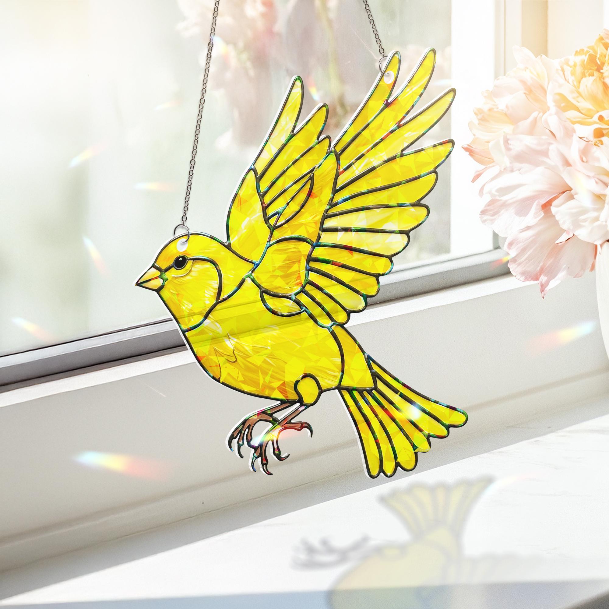 Yellow Canary Bird Suncatcher – Holographic Acrylic Window Decor – Mother's Day Gift for Mom – Bright Bird Ornament, faux stained glass