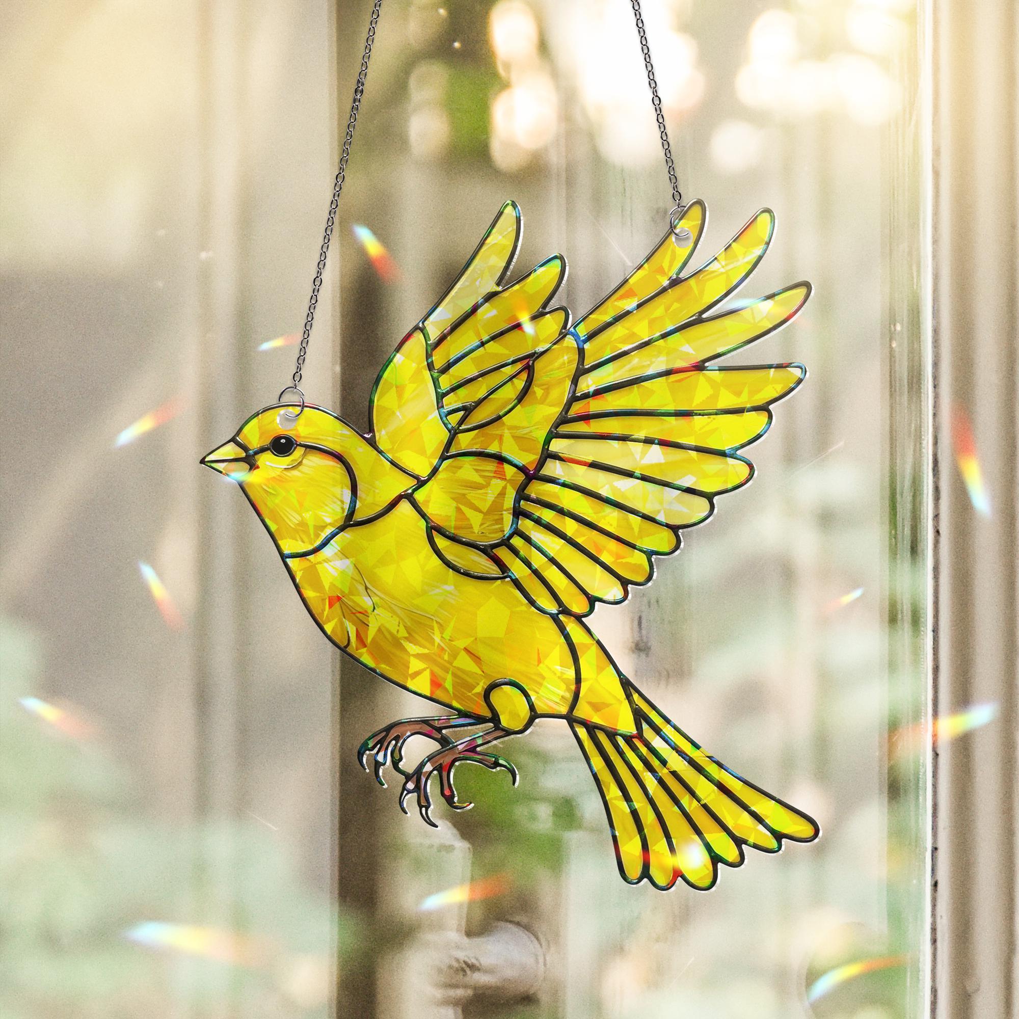 Yellow Canary Bird Suncatcher – Holographic Acrylic Window Decor – Mother's Day Gift for Mom – Bright Bird Ornament, faux stained glass