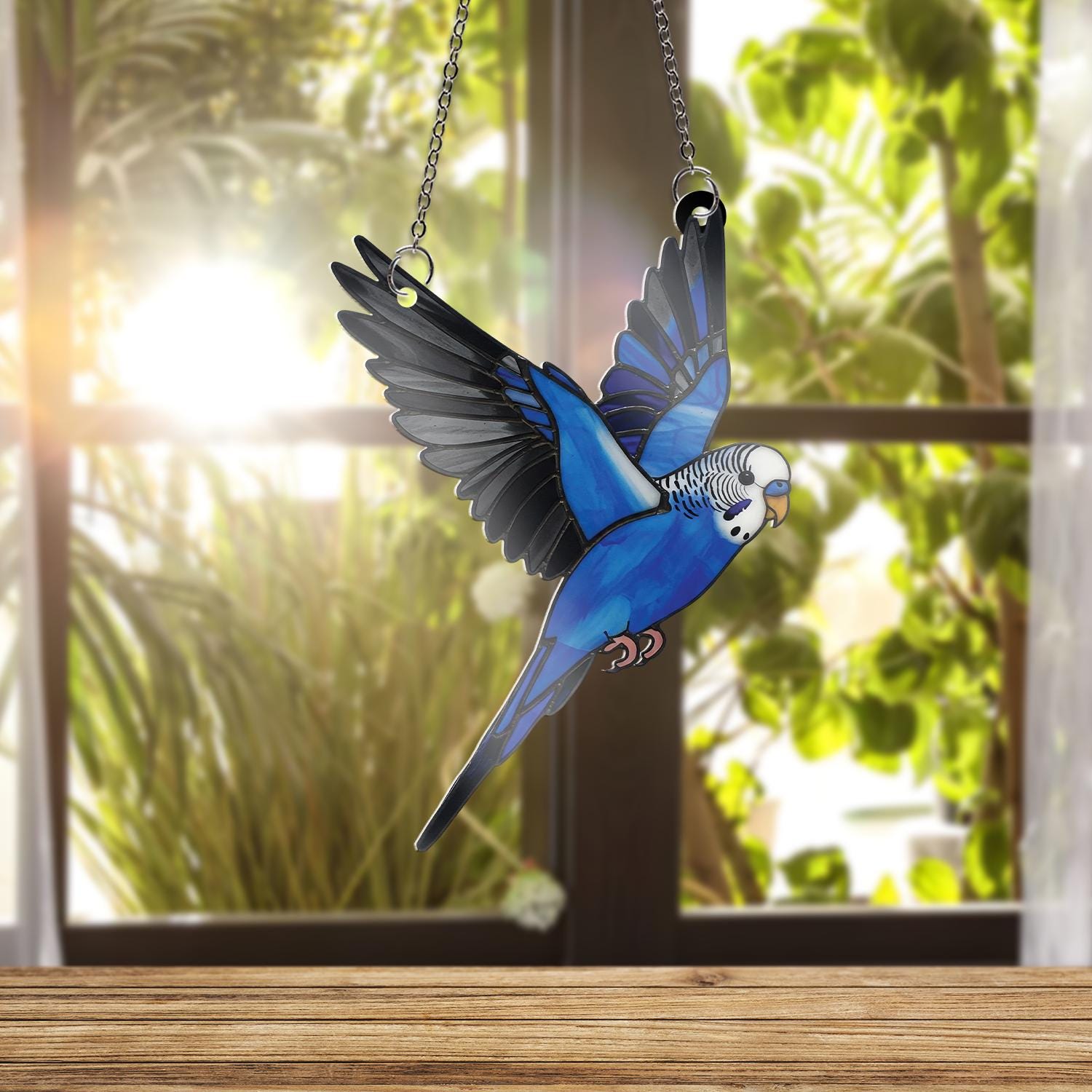 Blue Budgie Parakeet ACRYLIC Window Hanging, Flying Bird Wall Art, Colorful Bird Decor, Gift for Bird Lovers and Pet Owners, Gift For Mom