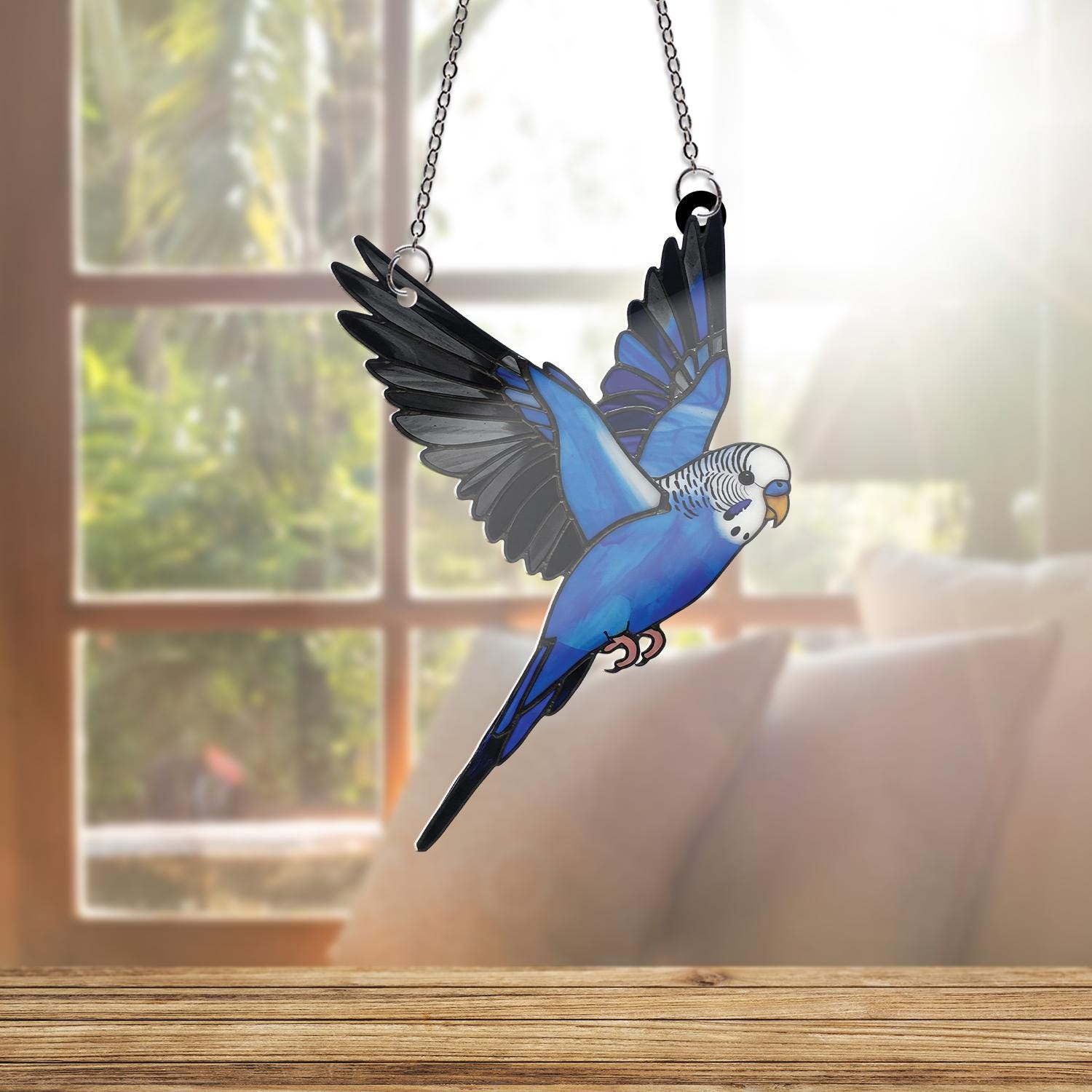 Blue Budgie Parakeet ACRYLIC Window Hanging, Flying Bird Wall Art, Colorful Bird Decor, Gift for Bird Lovers and Pet Owners, Gift For Mom