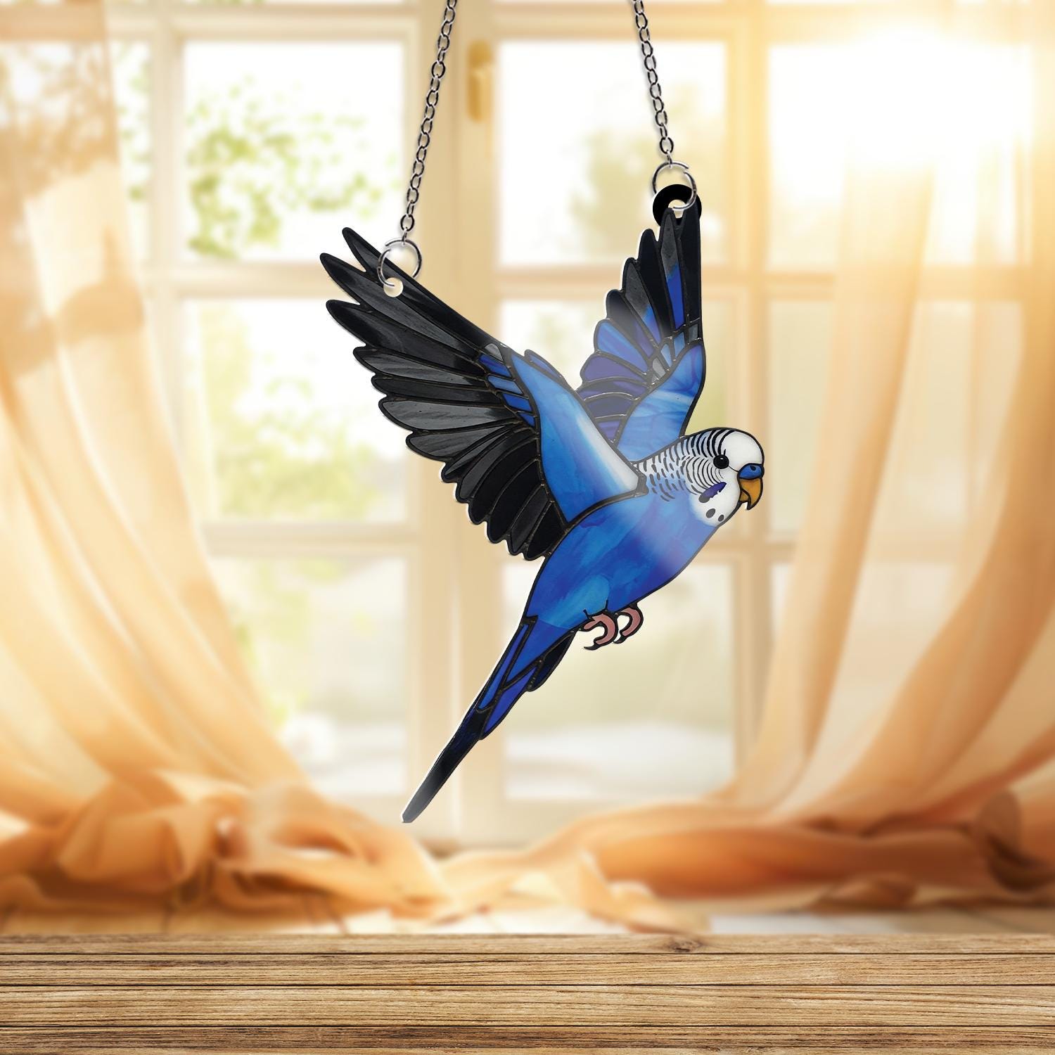 Blue Budgie Parakeet ACRYLIC Window Hanging, Flying Bird Wall Art, Colorful Bird Decor, Gift for Bird Lovers and Pet Owners, Gift For Mom