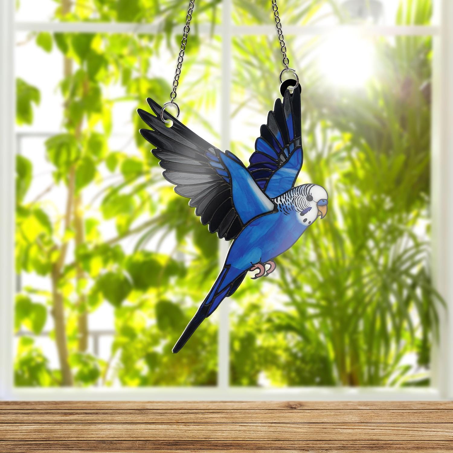 Blue Budgie Parakeet ACRYLIC Window Hanging, Flying Bird Wall Art, Colorful Bird Decor, Gift for Bird Lovers and Pet Owners, Gift For Mom
