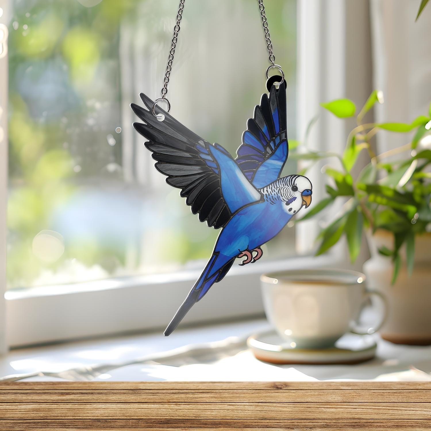 Blue Budgie Parakeet ACRYLIC Window Hanging, Flying Bird Wall Art, Colorful Bird Decor, Gift for Bird Lovers and Pet Owners, Gift For Mom