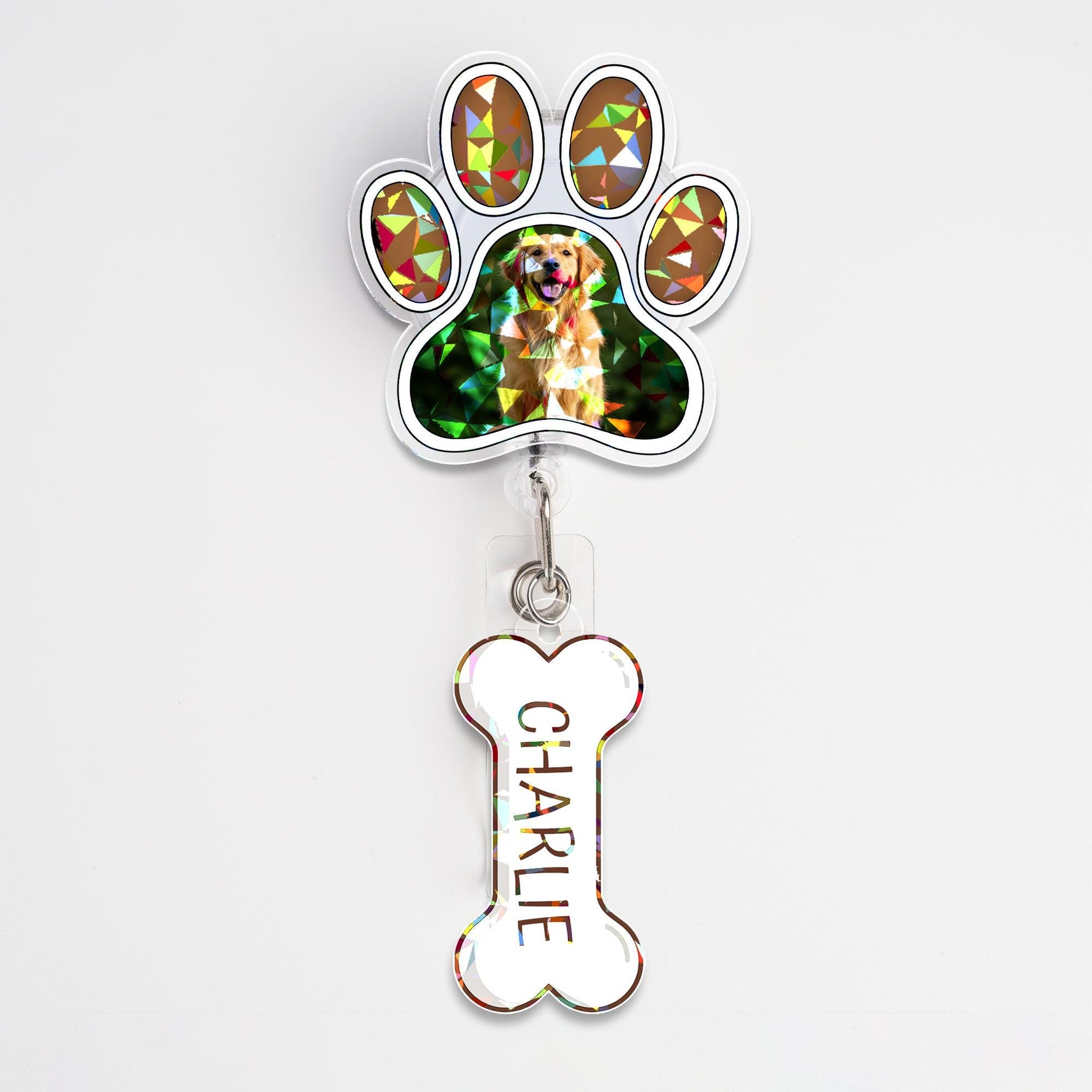 Personalized Dog Hologram Badge Reel, Custom Pet Photo Paw Print ID Holder, Nurse Gift, Vet Tech Office Badge Reel, Retractable Name Tag