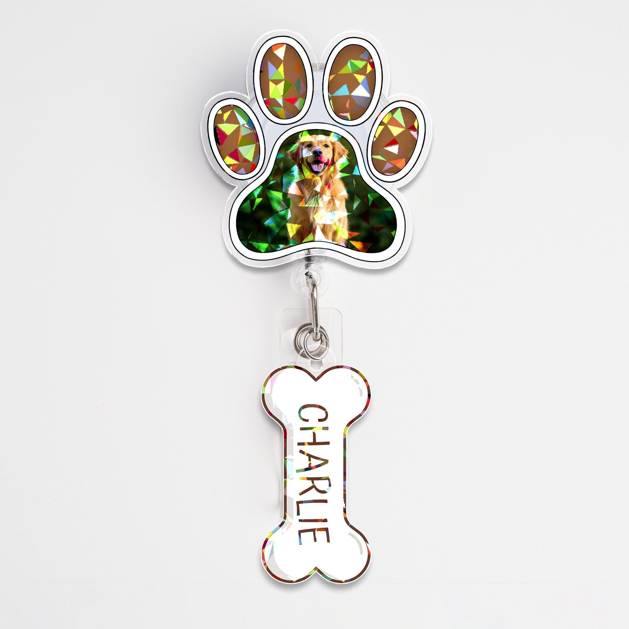 Personalized Dog Hologram Badge Reel, Custom Pet Photo Paw Print ID Holder, Nurse Gift, Vet Tech Office Badge Reel, Retractable Name Tag