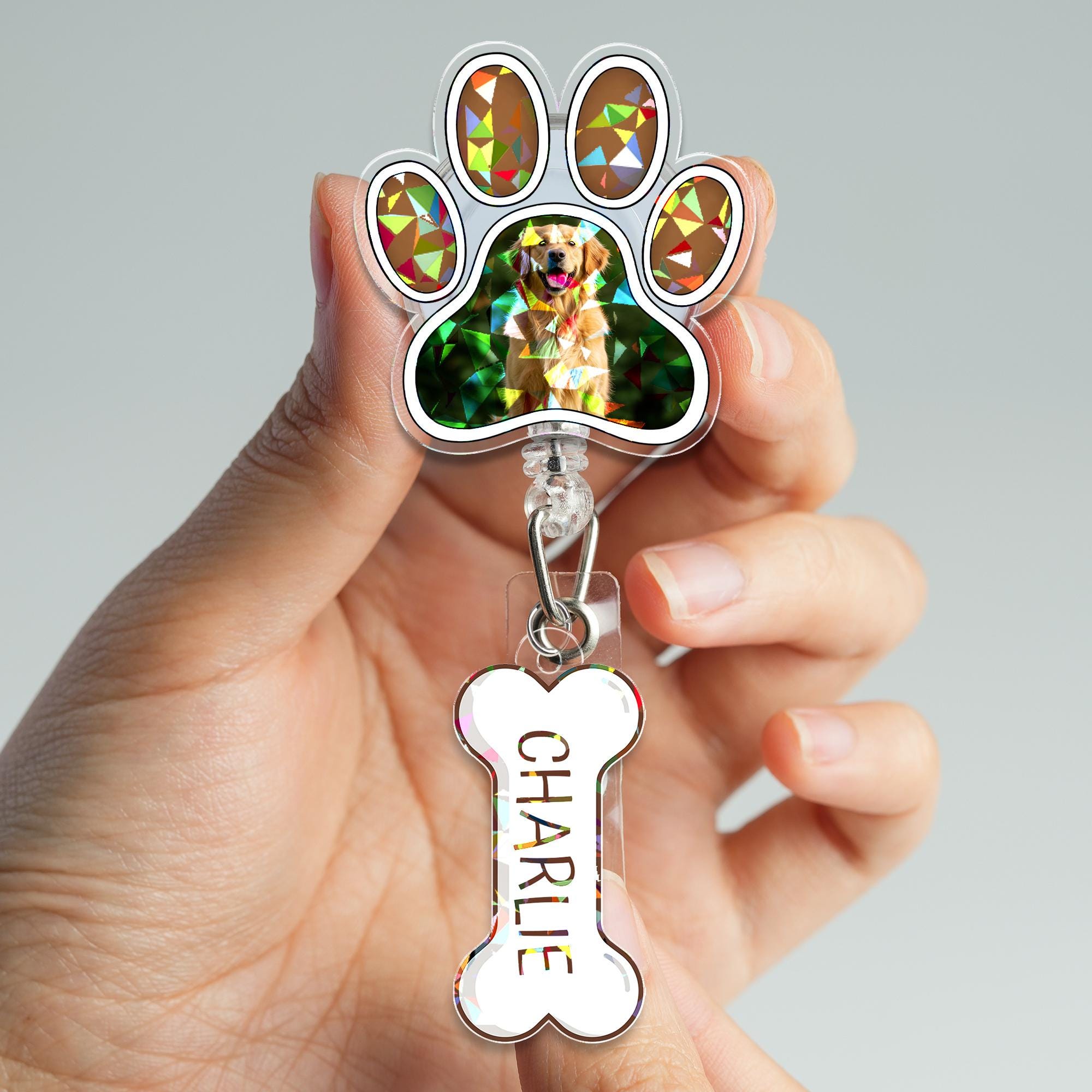 Personalized Dog Hologram Badge Reel, Custom Pet Photo Paw Print ID Holder, Nurse Gift, Vet Tech Office Badge Reel, Retractable Name Tag
